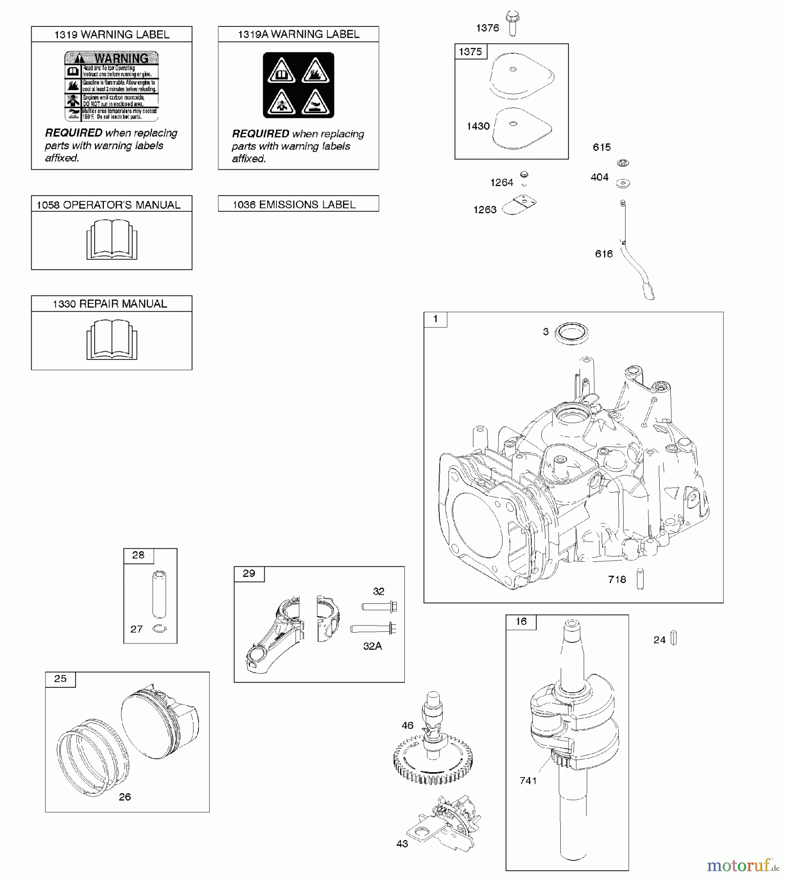 Viking Motoren B & S 12. . . 12Q902-0169-B1 D - Nockenwelle, Kurbelwelle, Zylinder, Bedien