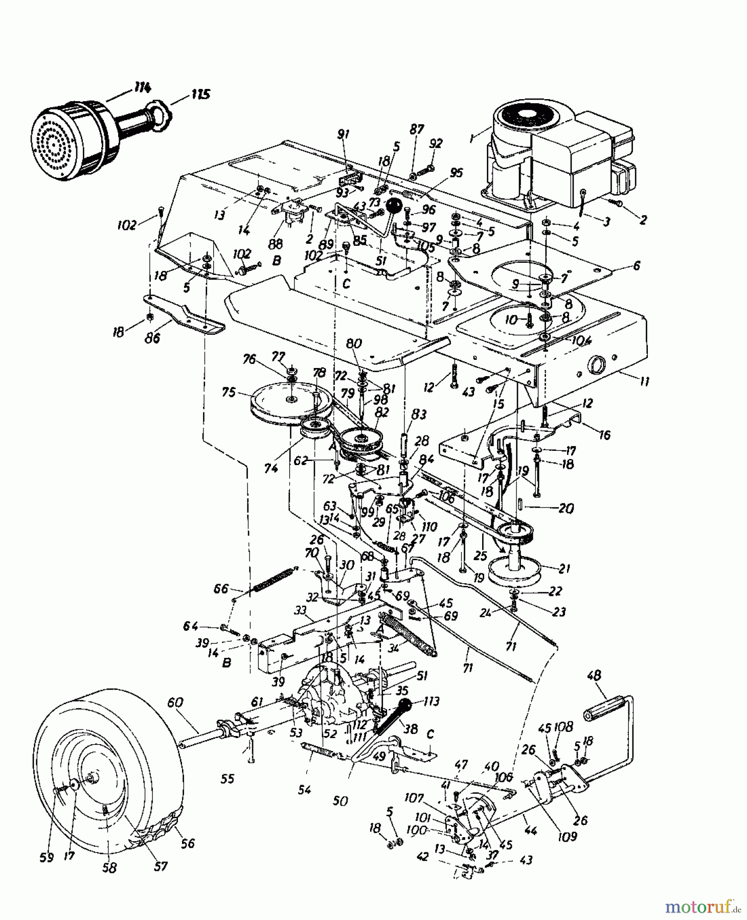  Columbia Rasentraktoren 110/760 HA 136-6220  (1986) Fahrantrieb, Motorkeilriemenscheibe, Pedal, Räder hinten