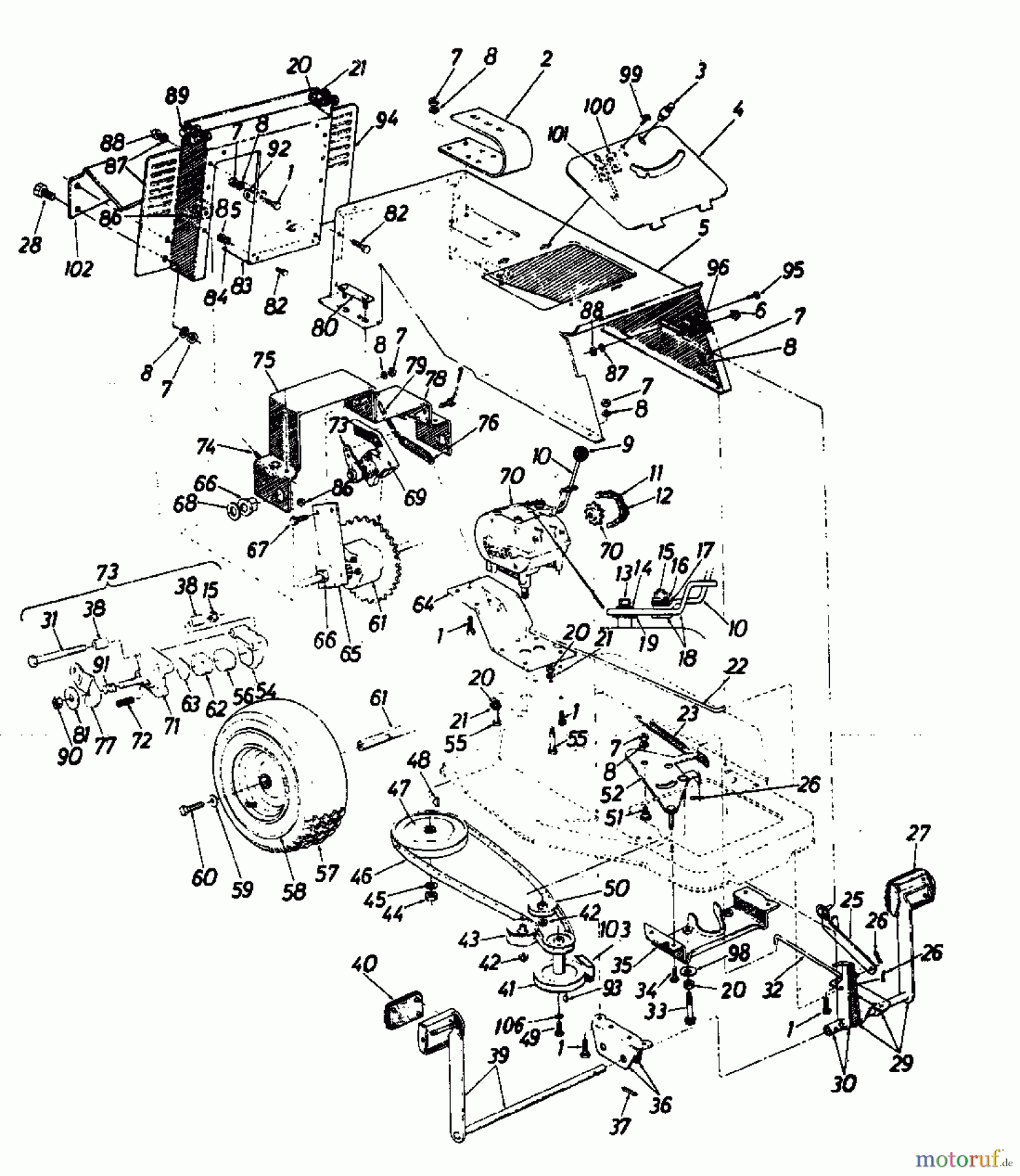  Columbia Rasentraktoren RD 11/660 131-5240  (1991) Fahrantrieb, Motorkeilriemenscheibe, Pedal, Räder hinten