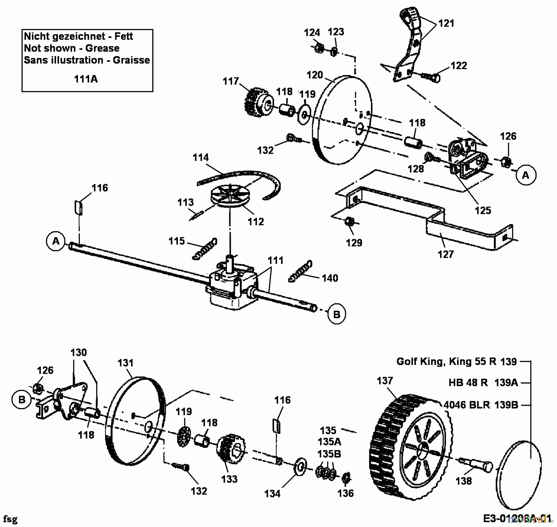 Golf Motormäher mit Antrieb KING 12A-T11Y648  (1998) Getriebe, Räder