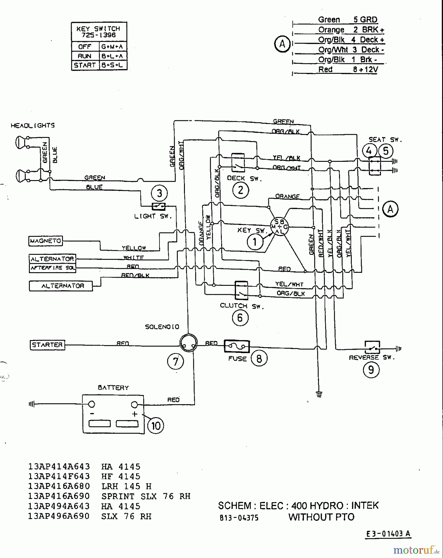  Yard-Man Rasentraktoren HA 4145 13AP414A643  (1999) Schaltplan Intek ohne Elektromagnetkupplung