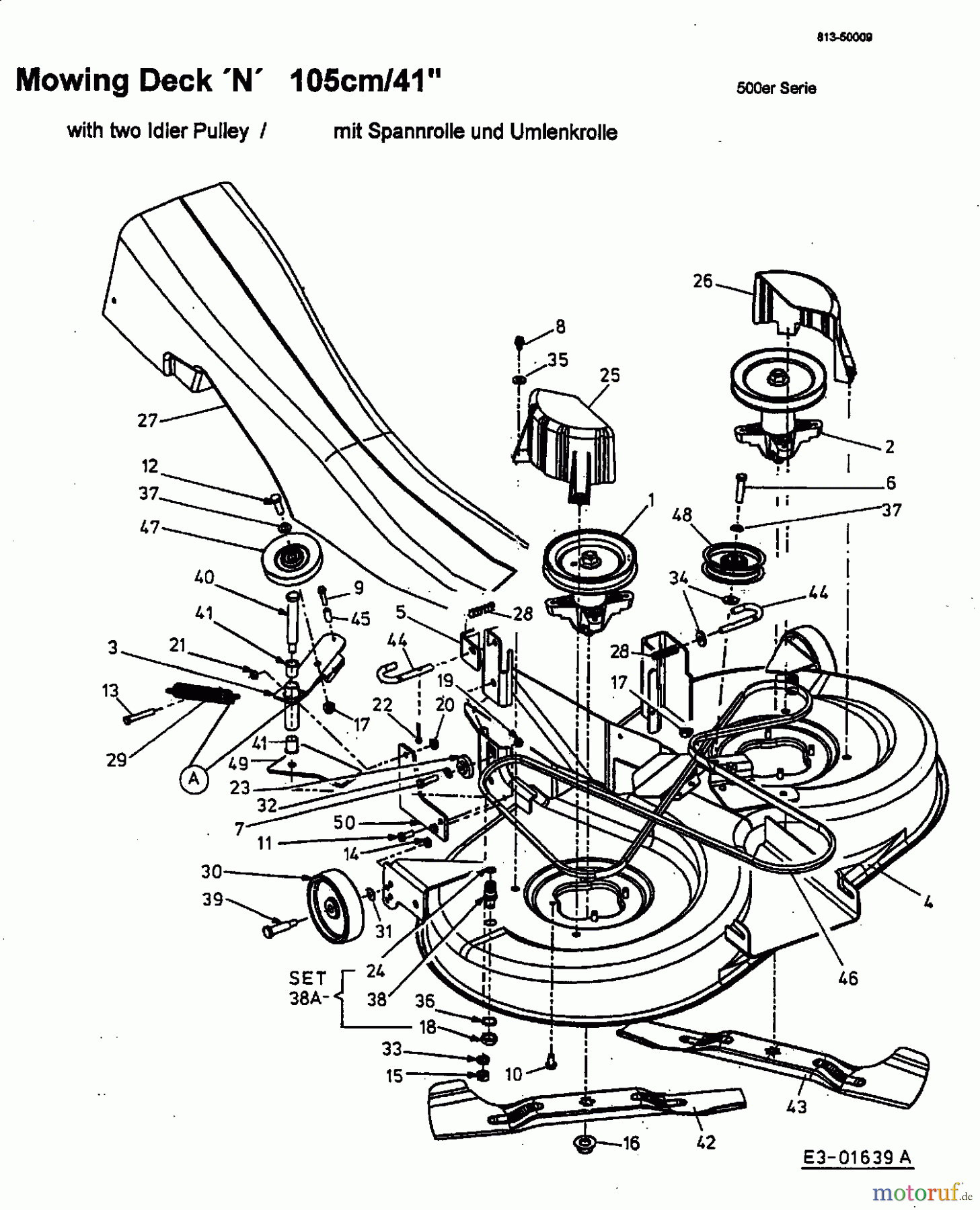  MTD ältere Modelle Rasentraktoren SN 180 AT 13A7508N678  (2002) Mähwerk N, 2. Generation mit Spannrolle und Umlenkrolle (bis 2002)