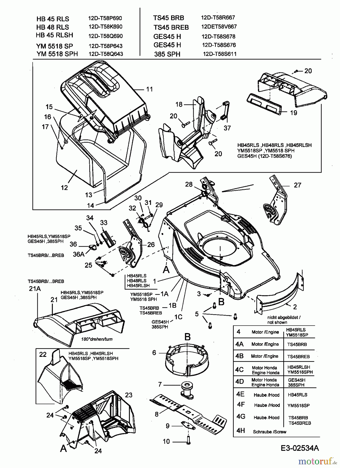  Gutbrod ältere Modelle Motormäher mit Antrieb HB 45 RLSH 12D-T58Q690  (2005) Grasfangsack, Messer, Motor, Mulchstopfen