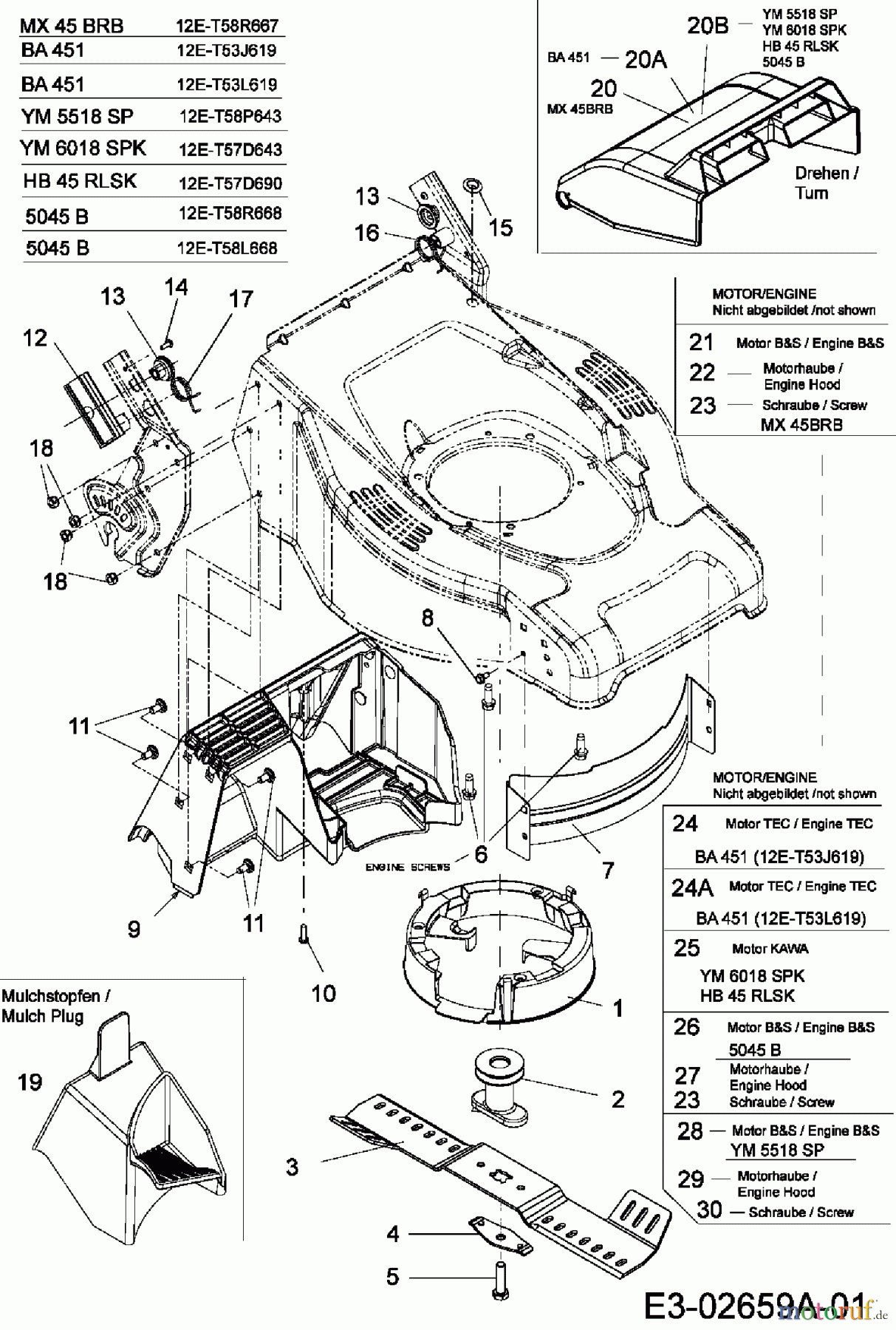  Fleurelle Motormäher mit Antrieb BA 451 12E-T53L619  (2006) Messer, Messeraufnahme, Motor