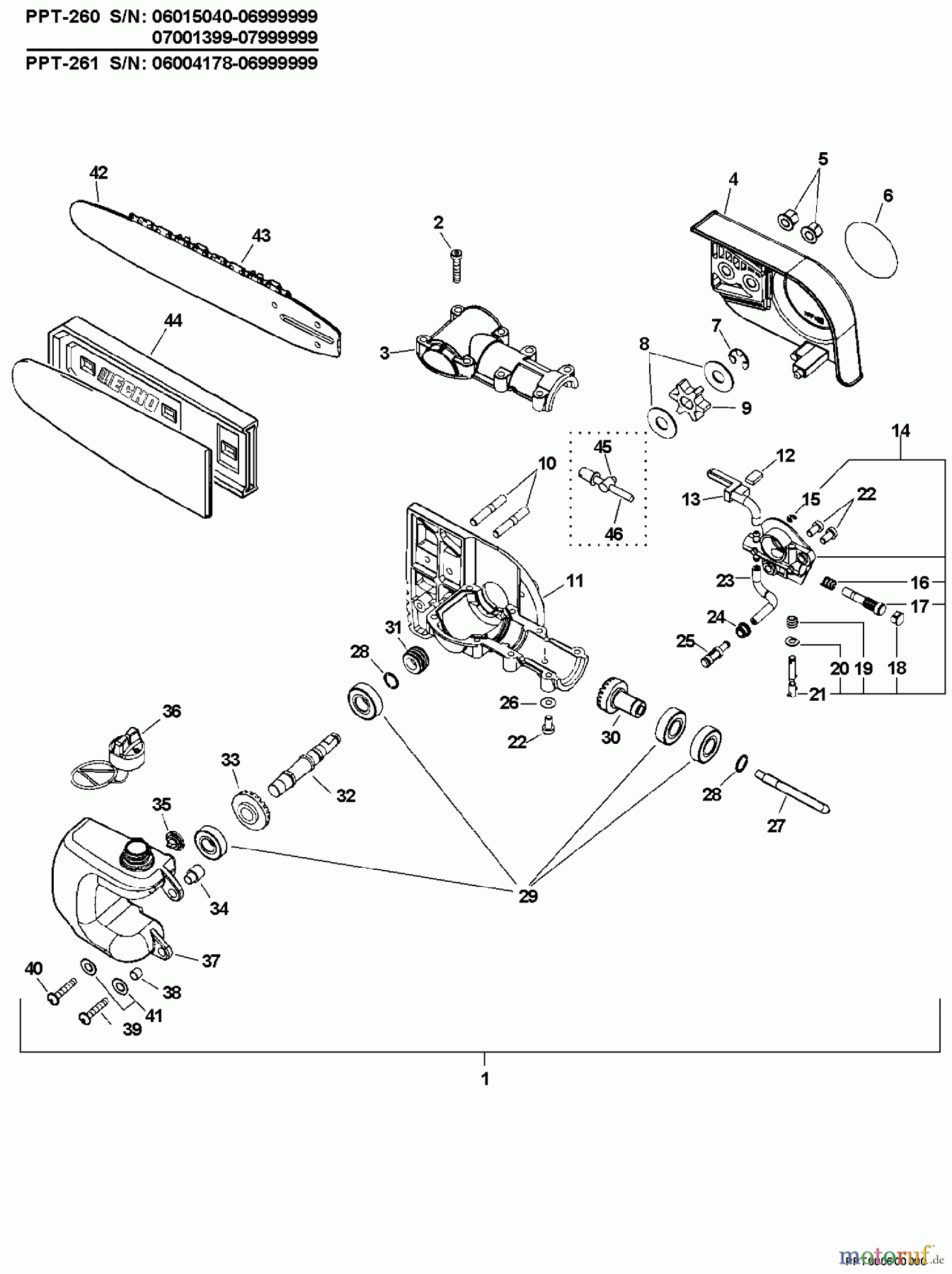  Echo Hochentaster PPT-261 - Echo Pole Saw / Pruner, S/N: 06001001-06999999 Gear Case, Auto-Oiler, Guide Bar, Chain  S/N: 06004178 - 06999999