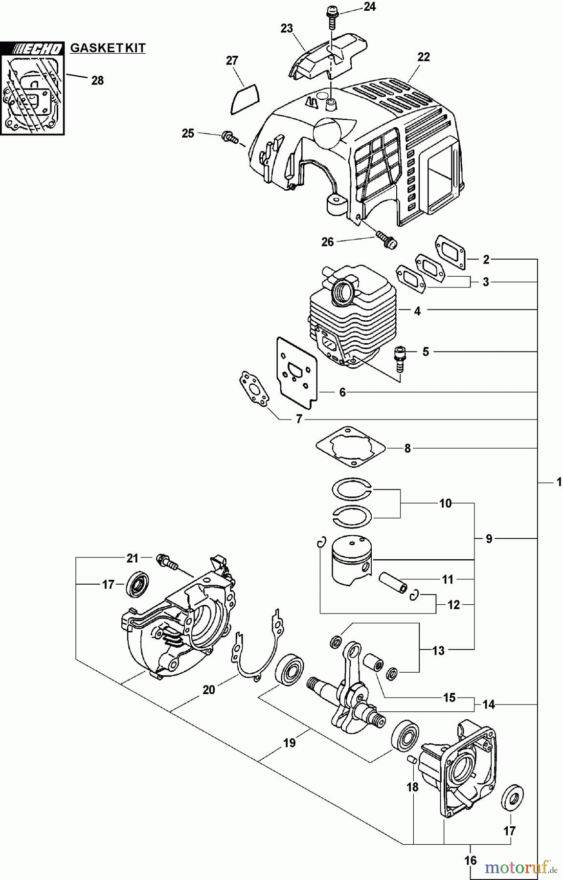  Echo Trimmer, Faden / Bürste GT-2000R - Echo String Trimmer (Type 1E) Engine, Engine Cover, Short Block