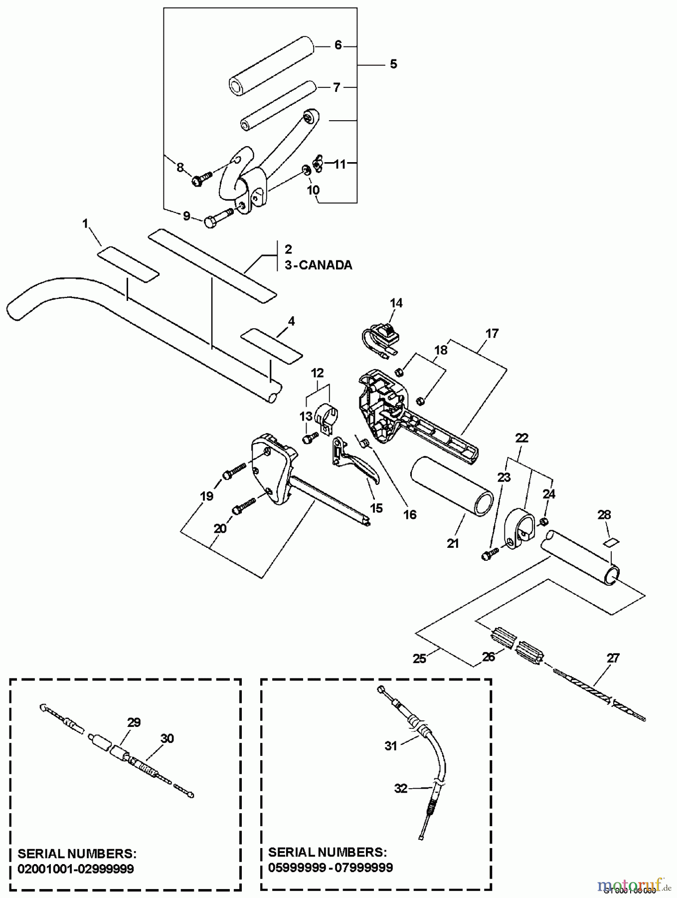  Echo Trimmer, Faden / Bürste GT-231 - Echo String Trimmer, S/N:02001001 - 02999999 Handle, Ignition Switch, Throttle Cable, Driveshaft