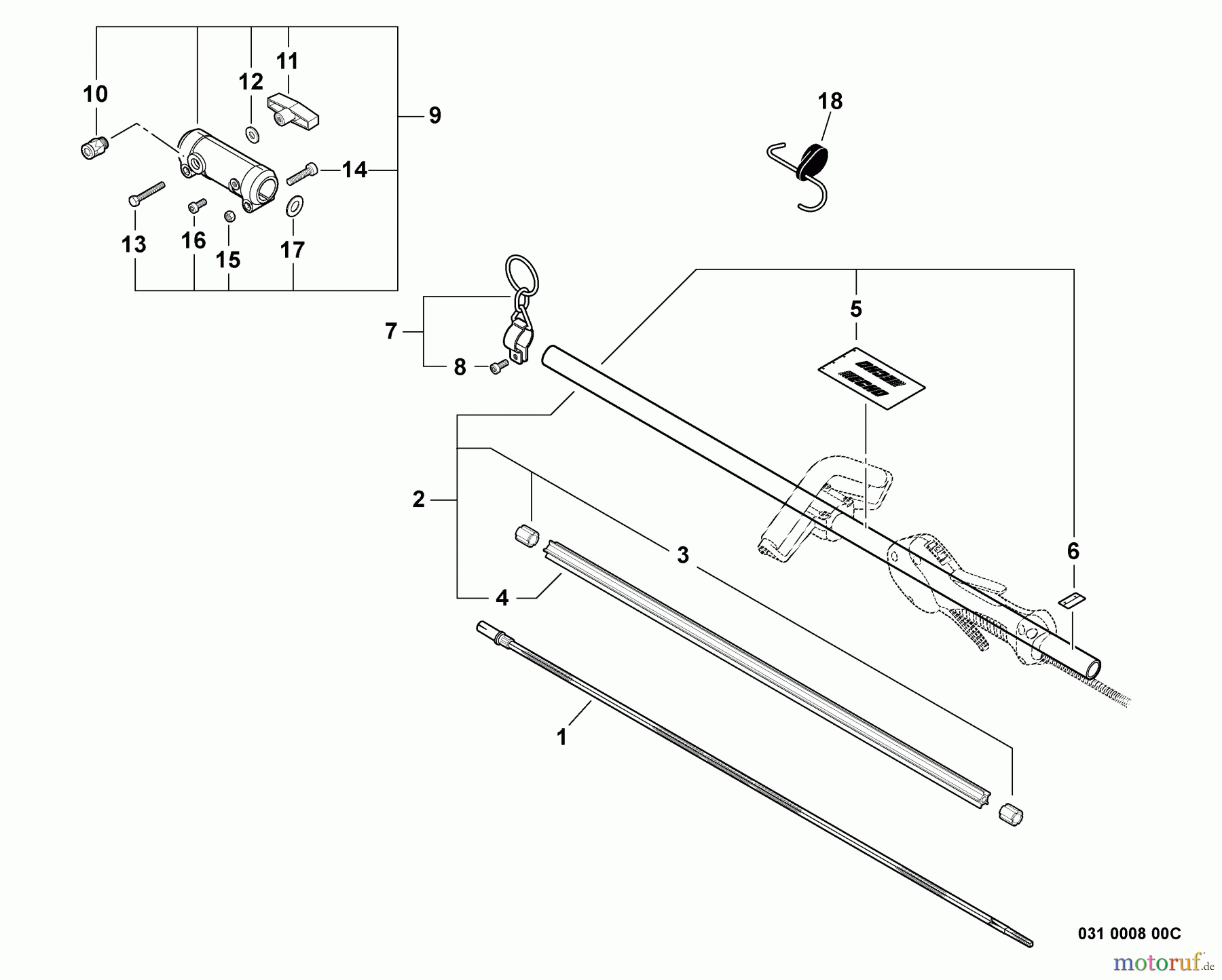  Echo Trimmer, Faden / Bürste PAS-225 - Echo Power Unit,  Main Pipe Assembly, Driveshaft, Coupler -- Upper