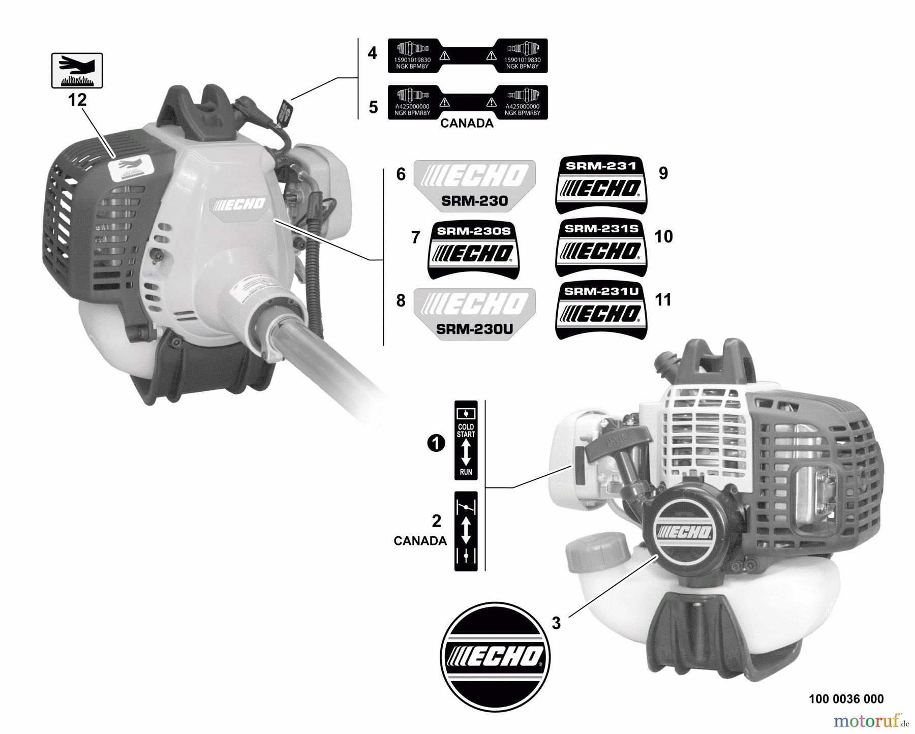  Echo Trimmer, Faden / Bürste SRM-231S - Echo String Trimmer, S/N:06001001 - 06999999 Labels