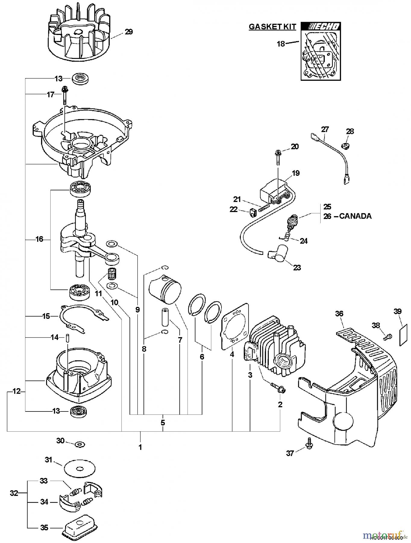  Echo Heckenscheren HC-151 - Echo Hedge Trimmer, S/N: 06001001 - 06999999 Engine, Short Block, Ignition, Clutch, Cylinder Cover