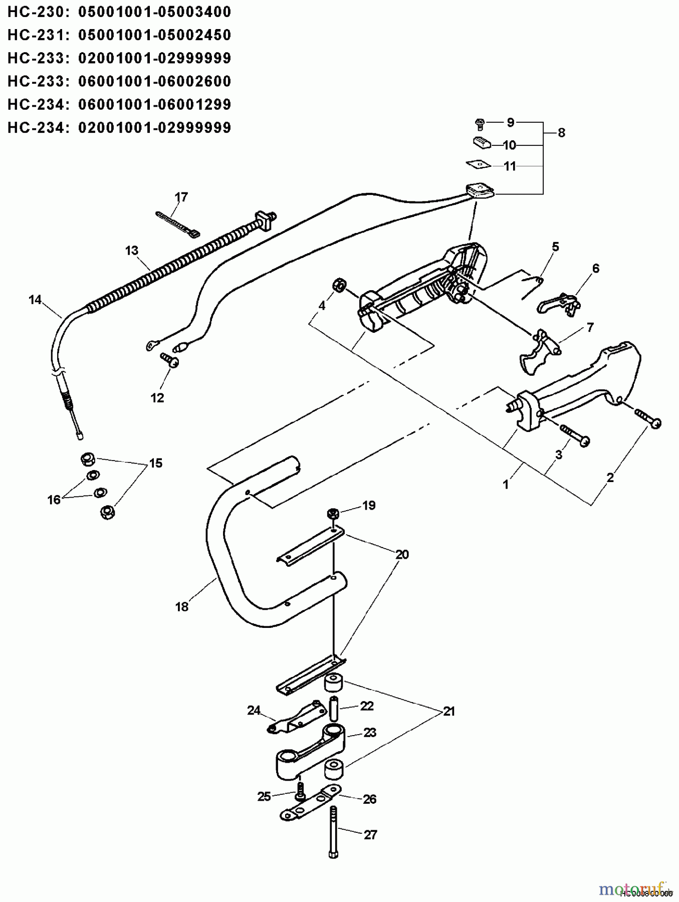  Echo Heckenscheren HC-230 - Echo Hedge Trimmer, S/N: 05001001 - 05999999 Handle, Ignition Switch, Throttle Cable  S/N: 05001001 - 05003400