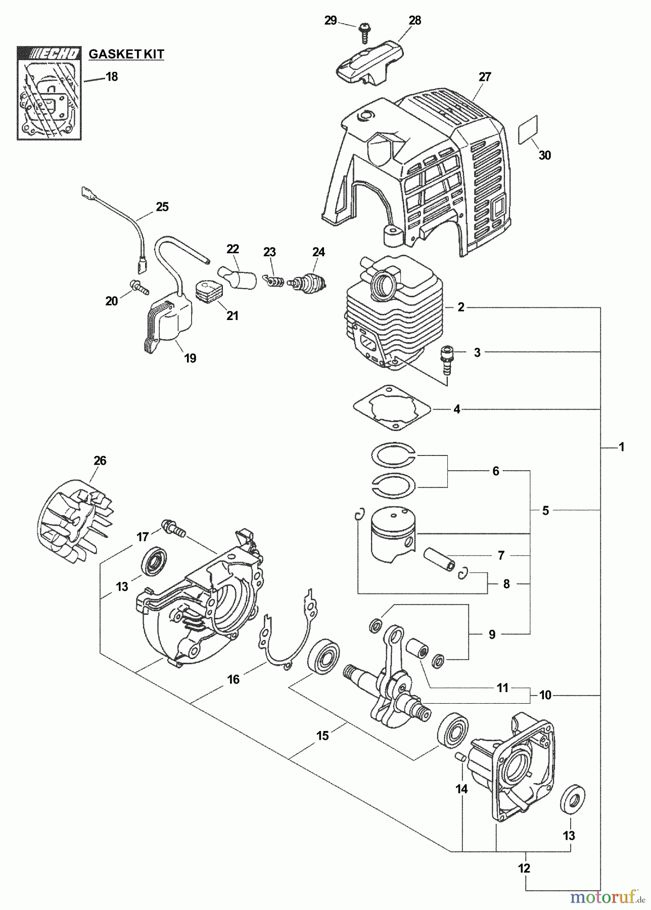  Echo Heckenscheren SHC-2100 - Echo Shaft Hedge Trimmer (Type 1) Engine, Crankcase, Ignition, Cylinder Cover