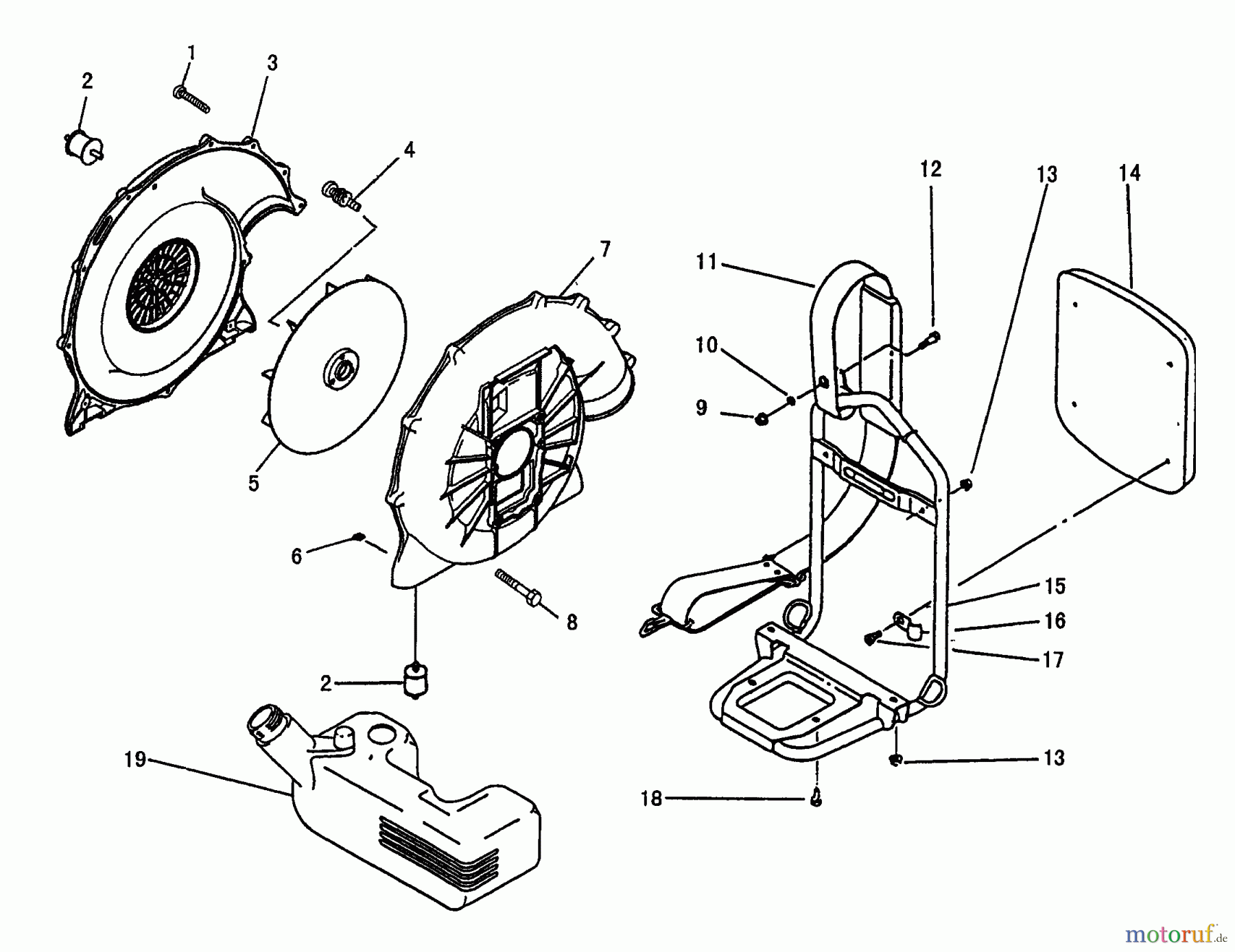 Husqvarna Bläser / Sauger / Häcksler / Mulchgeräte 145 BT - Husqvarna Backpack Blower (Carb II) (2001-04 & After) (California) Fan / Fan Housing & Backpack Frame & Fuel Tank