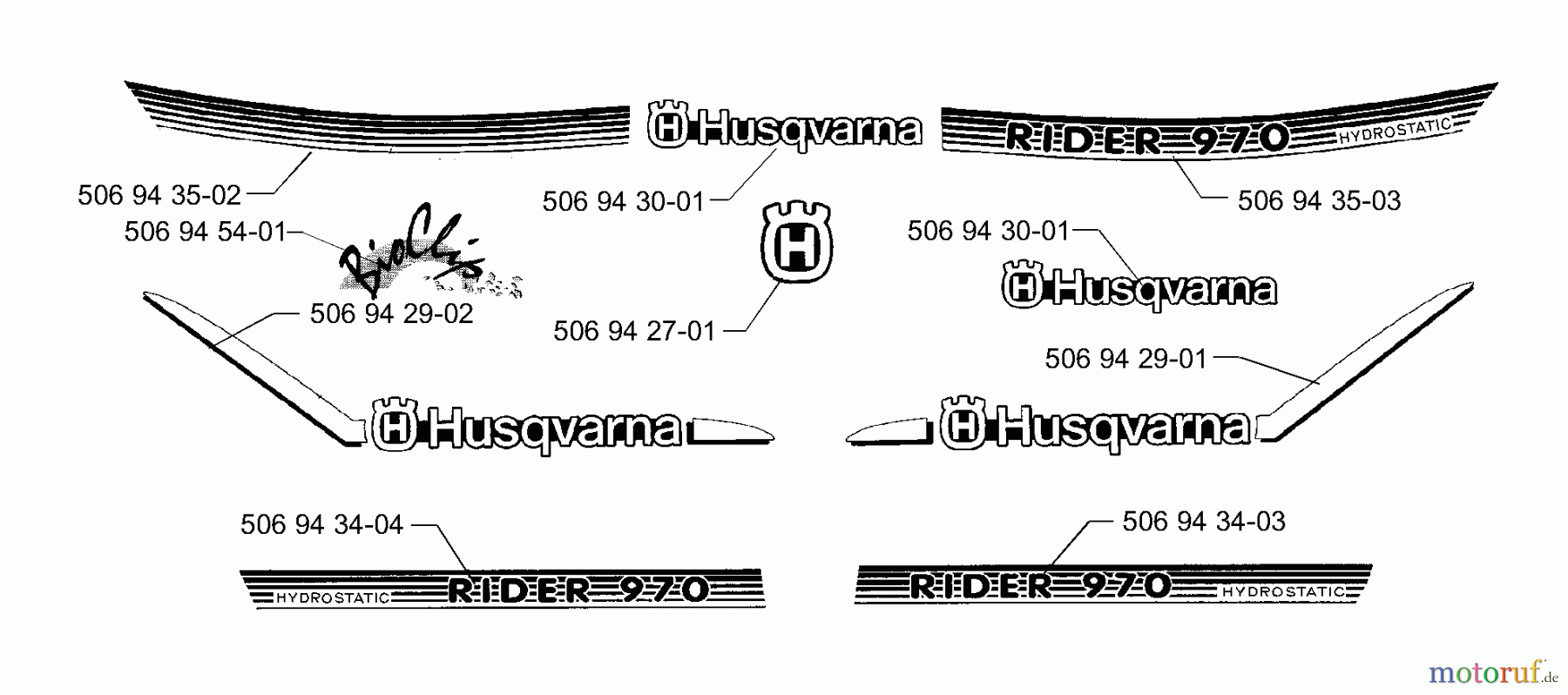 Husqvarna Reitermäher, Motor hinten Rider 970 H-15 - Husqvarna Swedish Rider (1998-01 & After) Decals