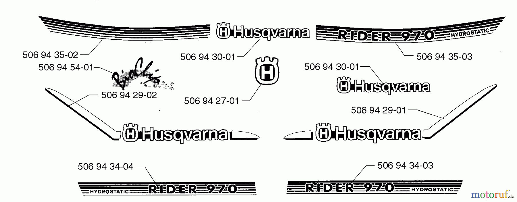  Husqvarna Reitermäher, Motor hinten Rider 970 HST - Husqvarna Swedish Rider (1997-02 & After) Decals