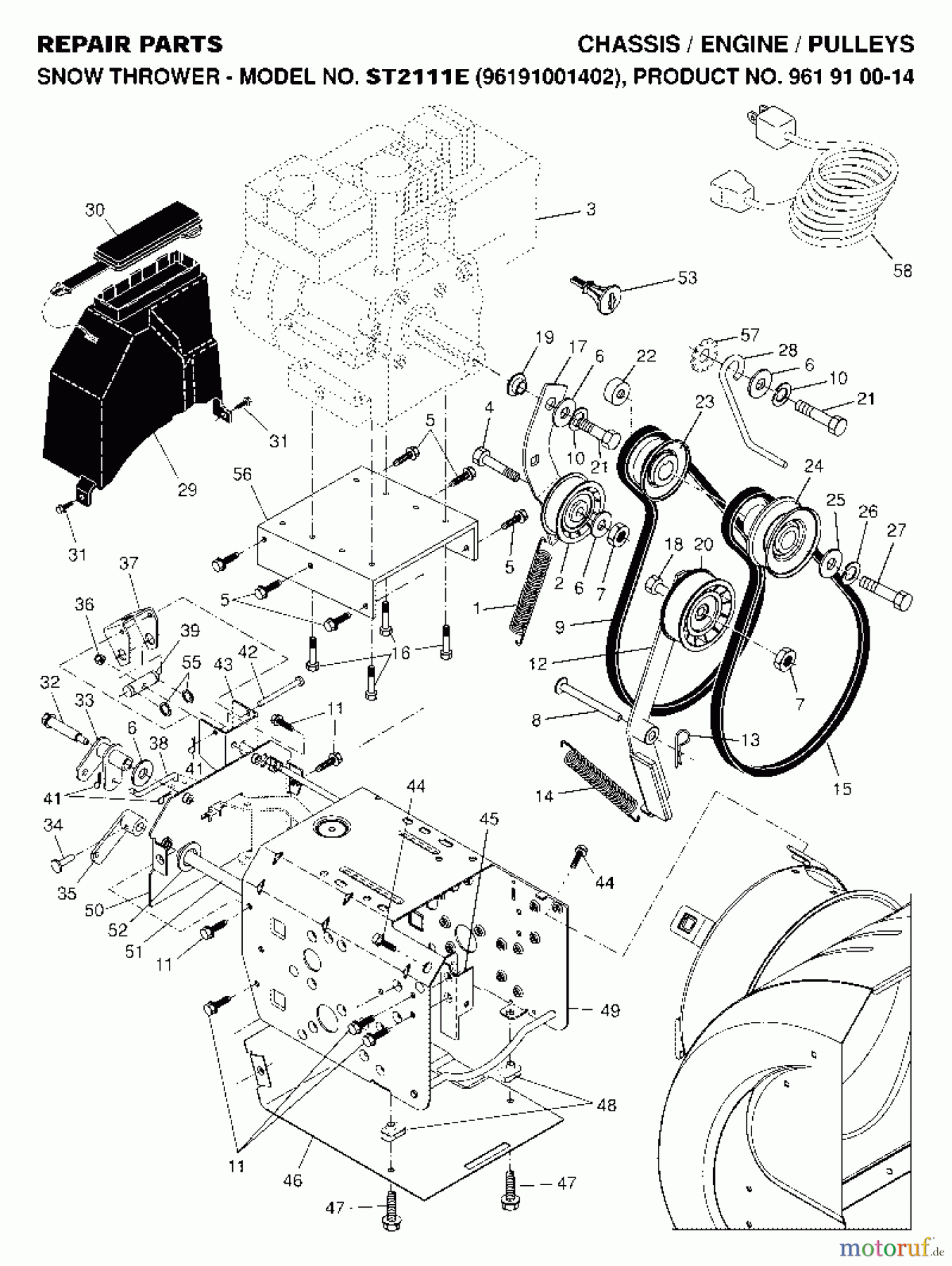  Jonsered Schneefräsen ST 2111 E (96191001402) - Jonsered Snow Thrower (2007-01) CHASSIS ENGINE PULLEYS