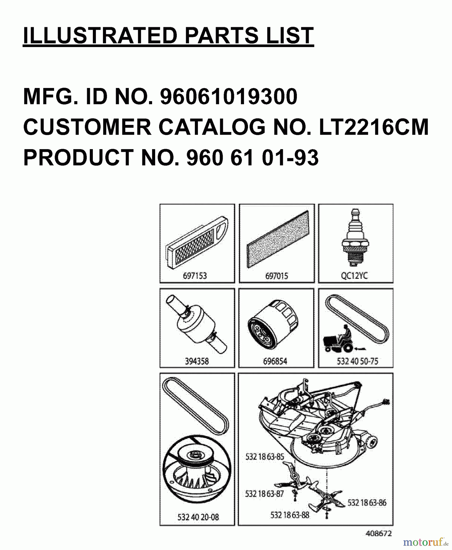  Jonsered Rasen  und Garten Traktoren LT2216 CM (96061019300) - Jonsered Lawn & Garden Tractor (2007-02) FREQUENTLY USED PARTS