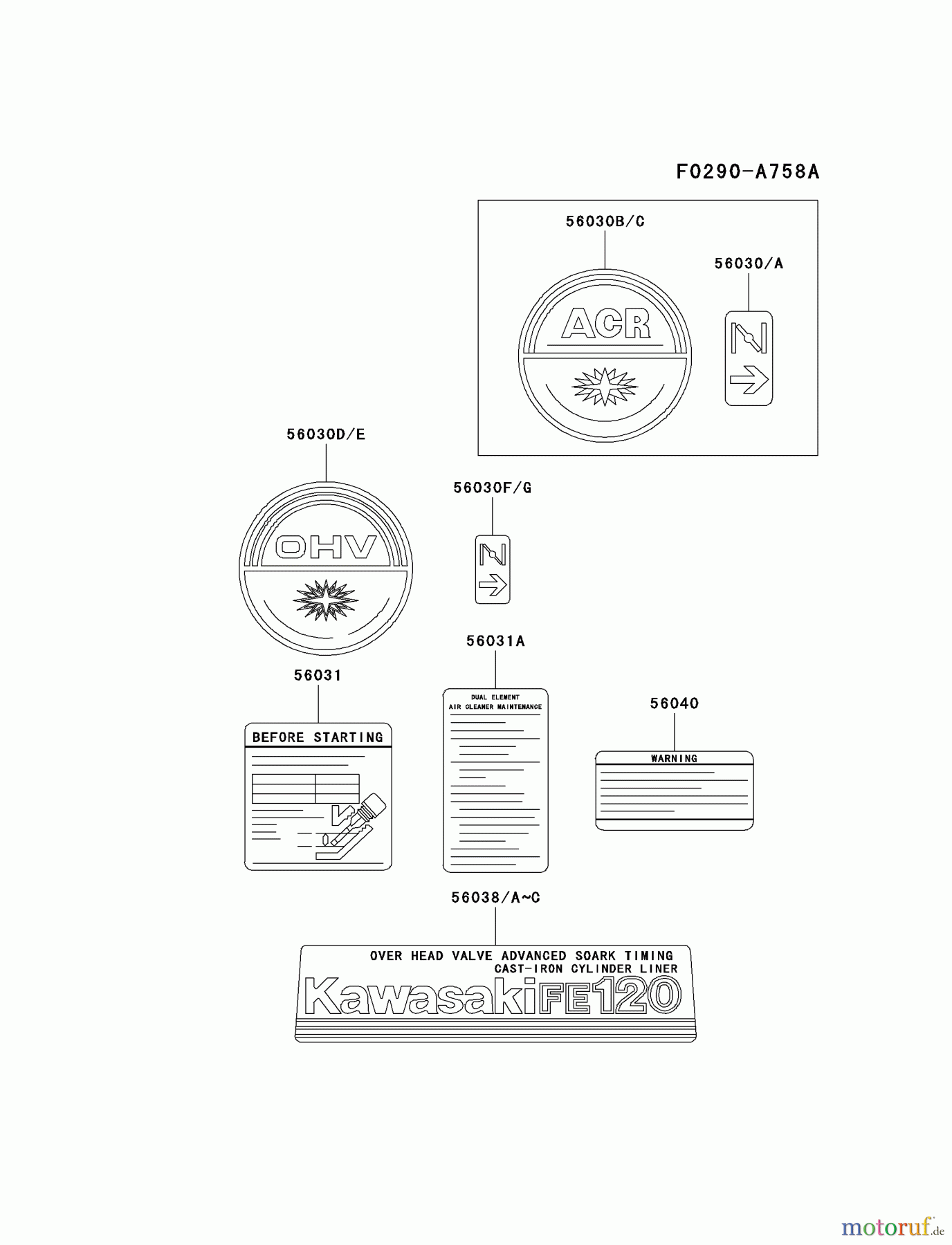  Kawasaki Motoren Motoren, Horizontal FE120G-CS00 - Kawasaki FE120G 4-Stroke Engine LABEL