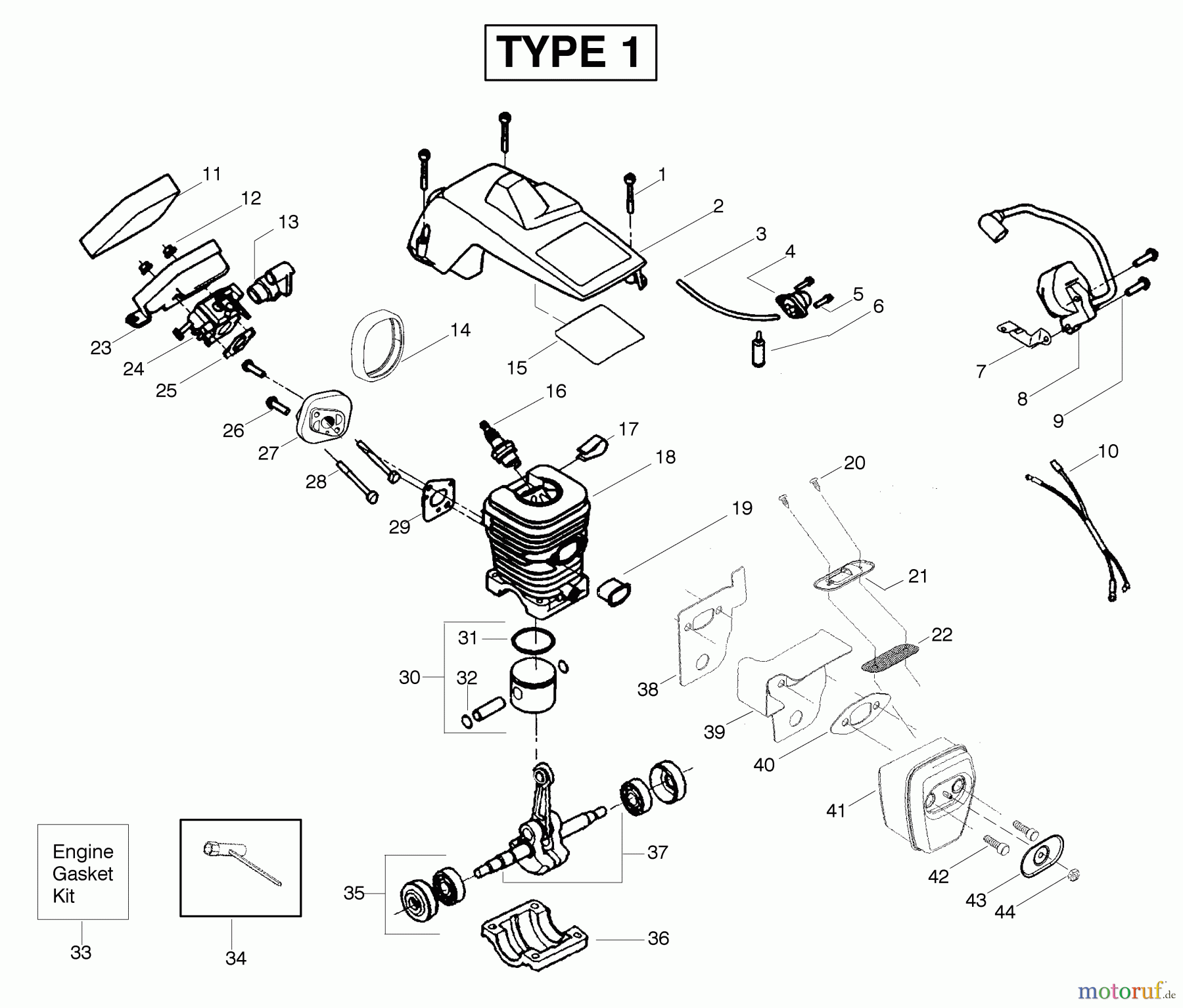  Poulan / Weed Eater Motorsägen 2375LE (Type 1) - Poulan Wildthing Chainsaw Engine Assembly Type 1