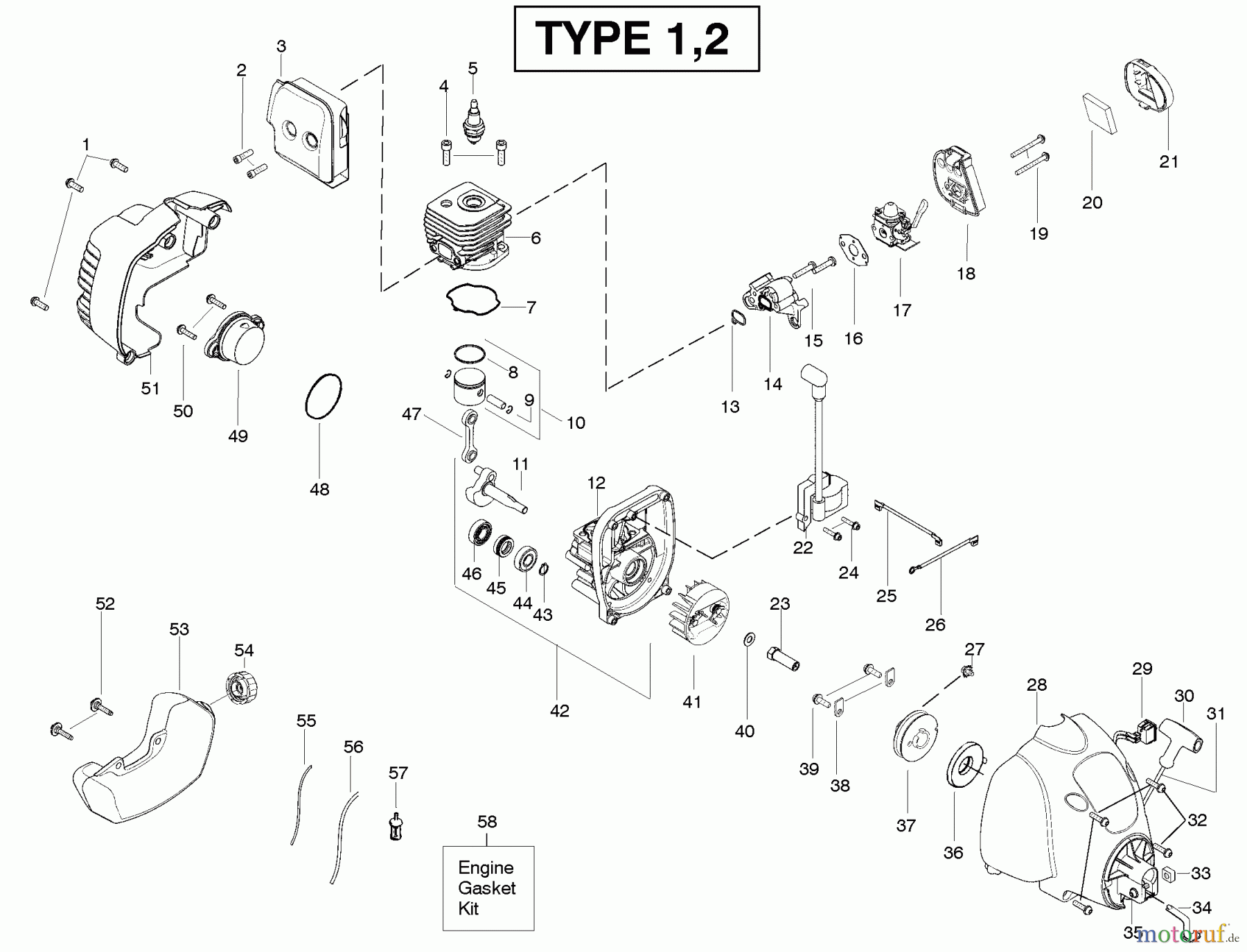 Poulan / Weed Eater Motorsensen, Trimmer XT260 (Type 1) - Weed Eater String Trimmer Engine Type 1,2