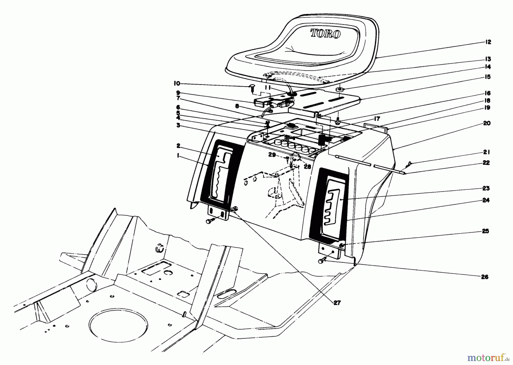  Toro Neu Mowers, Lawn & Garden Tractor Seite 1 57354 (11-44) - Toro 11-44 Pro Lawn Tractor, 1986 (6000001-6999999) REAR BODY & SEAT ASSEMBLY