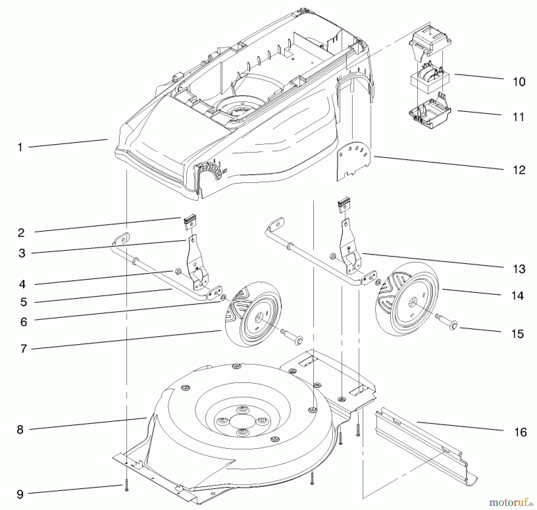 Toro Neu Mowers, Electric 20647 - Toro Carefree Electric WPM, 24 VDC, 1997 (7900001-7999999) DECK, LINER AND WHEEL ASSEMBLY