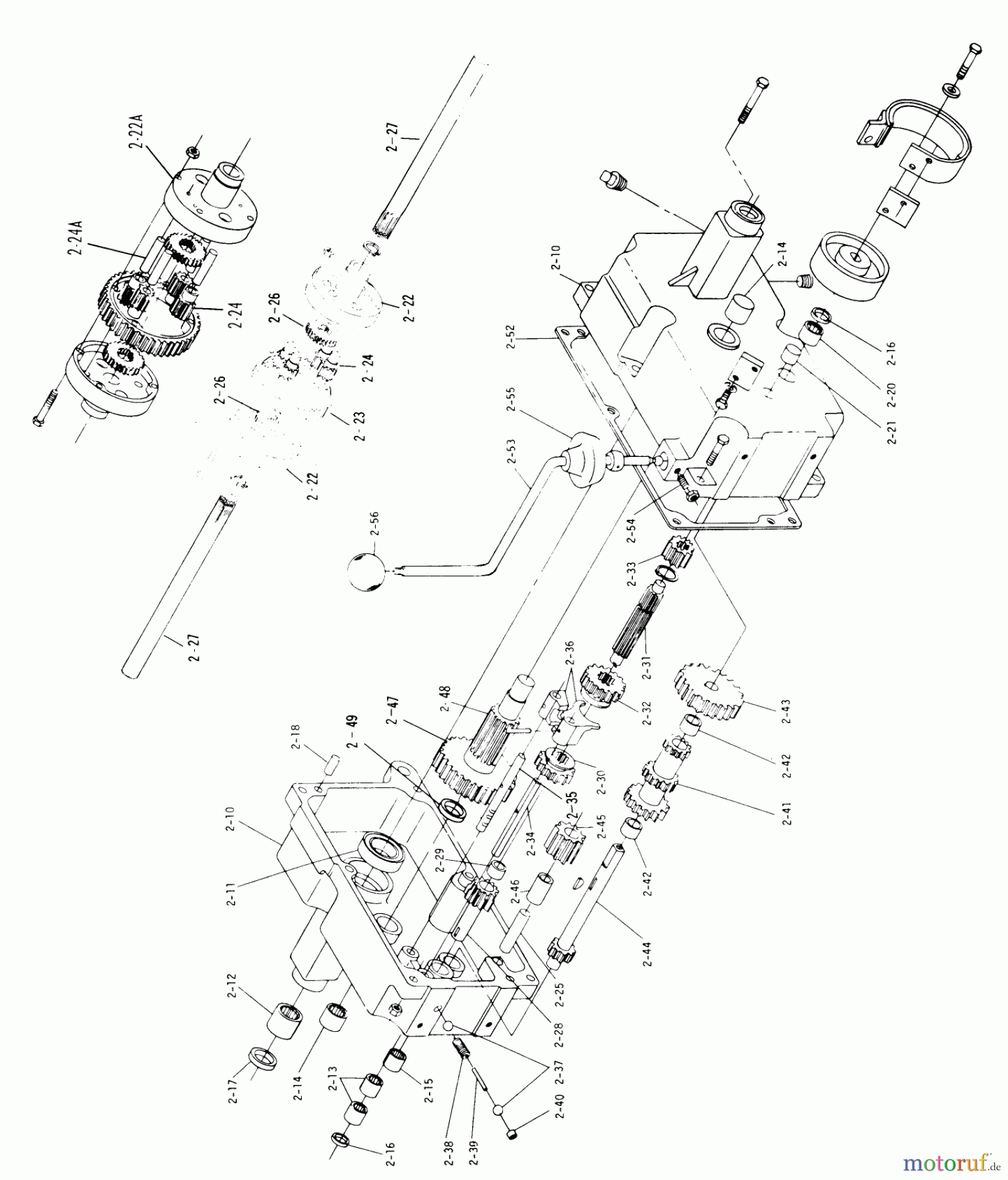 Toro Neu Mowers, Lawn & Garden Tractor Seite 1 1-0145 (B-80) - Toro B-80 4-Speed Tractor, 1974 2.010 COMPONENT PARTS, TRANS. (PLATE 2.2)