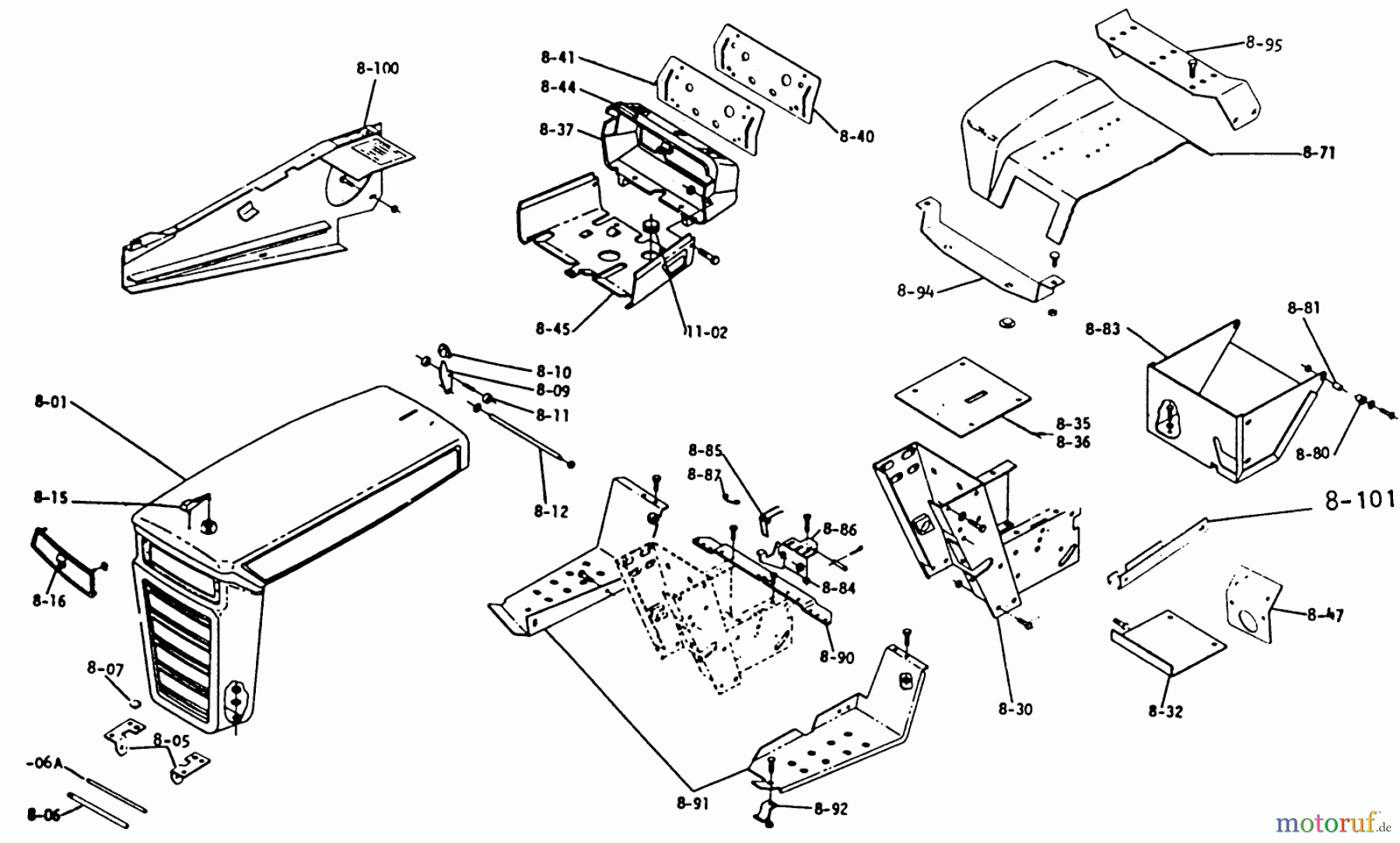  Toro Neu Mowers, Lawn & Garden Tractor Seite 1 1-0475 - Toro 10 hp Automatic Tractor, 1973 PARTS LIST FOR 8.000 SHEET METAL AND COVERS (PLATE 8.2)