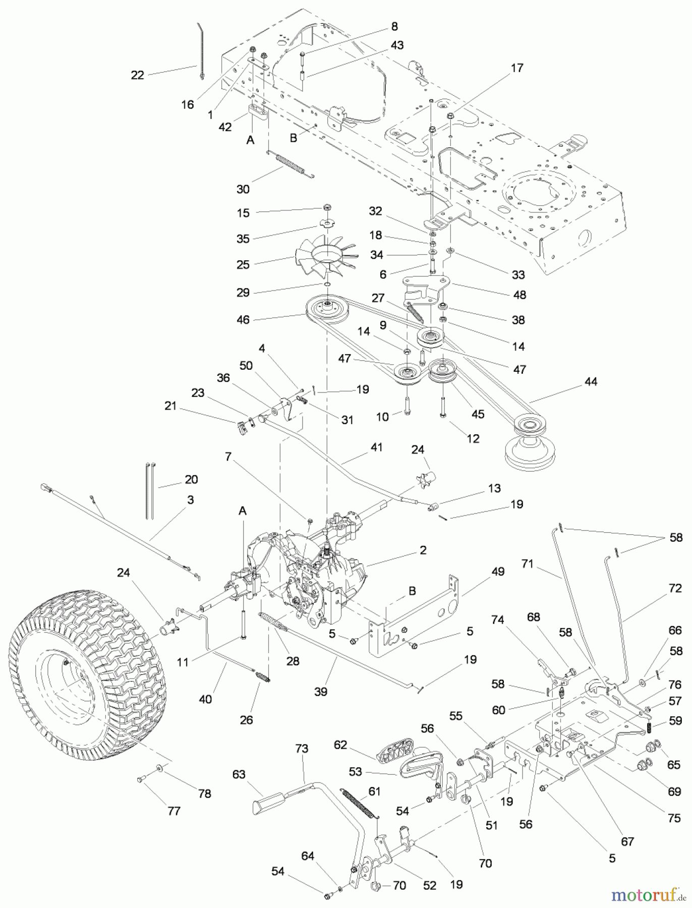 Toro Neu Mowers, Lawn & Garden Tractor Seite 1 13AT61RH048 (LX466) - Toro LX466 Lawn Tractor, 2008 (SN 1L137H10100-) TRANSMISSION, BELT, TRACTION AND BRAKE PEDAL ASSEMBLY
