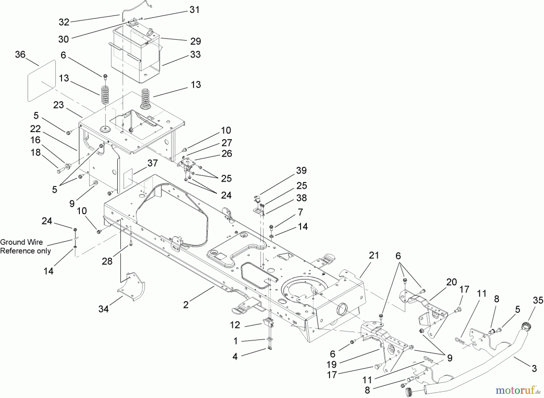  Toro Neu Mowers, Lawn & Garden Tractor Seite 1 14AK81RK744 (GT2300) - Toro GT2300 Garden Tractor, 2006 (1A186H30000-) FRAME AND BATTERY ASSEMBLY #1