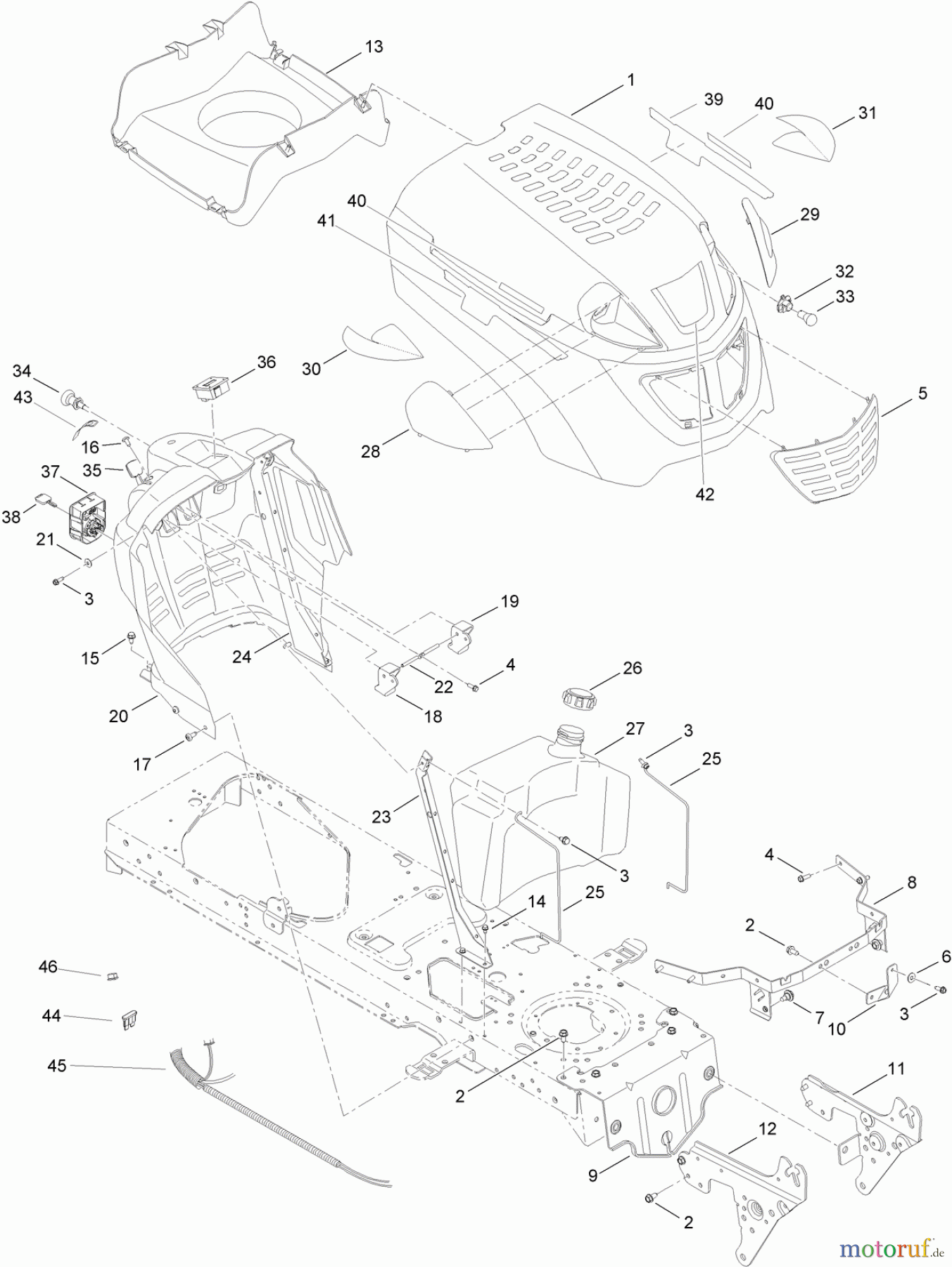  Toro Neu Mowers, Lawn & Garden Tractor Seite 1 14AQ81RP048 (GT2200) - Toro GT2200 Garden Tractor, 2008 (SN 1-) FUEL TANK, HOOD AND DASH ASSEMBLY