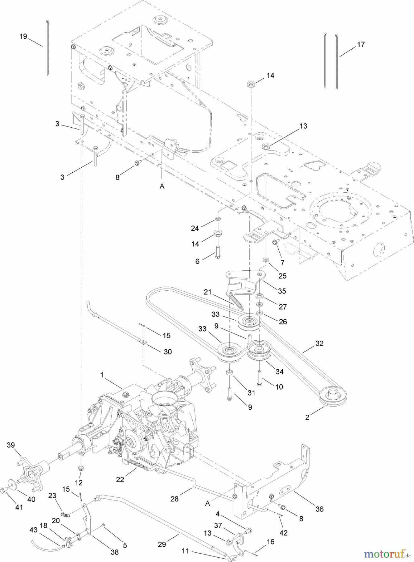  Toro Neu Mowers, Lawn & Garden Tractor Seite 1 14AQ81RP544 (GT2200) - Toro GT2200 Garden Tractor, 2006 (1A136H30000-) TRANSMISSION, BELT AND PULLEY ASSEMBLY