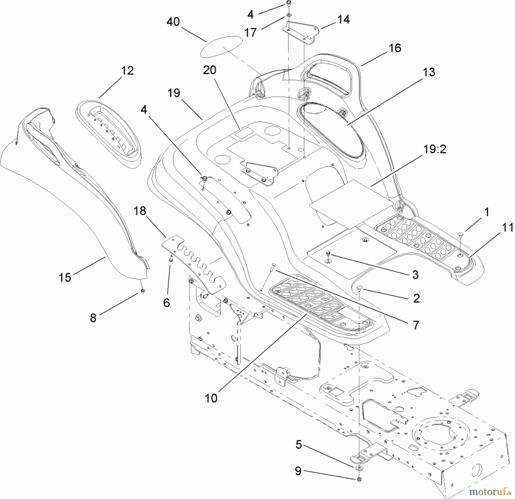 Toro Neu Mowers, Lawn & Garden Tractor Seite 1 14AQ81RP744 (GT2200) - Toro GT2200 Garden Tractor, 2006 (1A136H30000-) FENDER ASSEMBLY