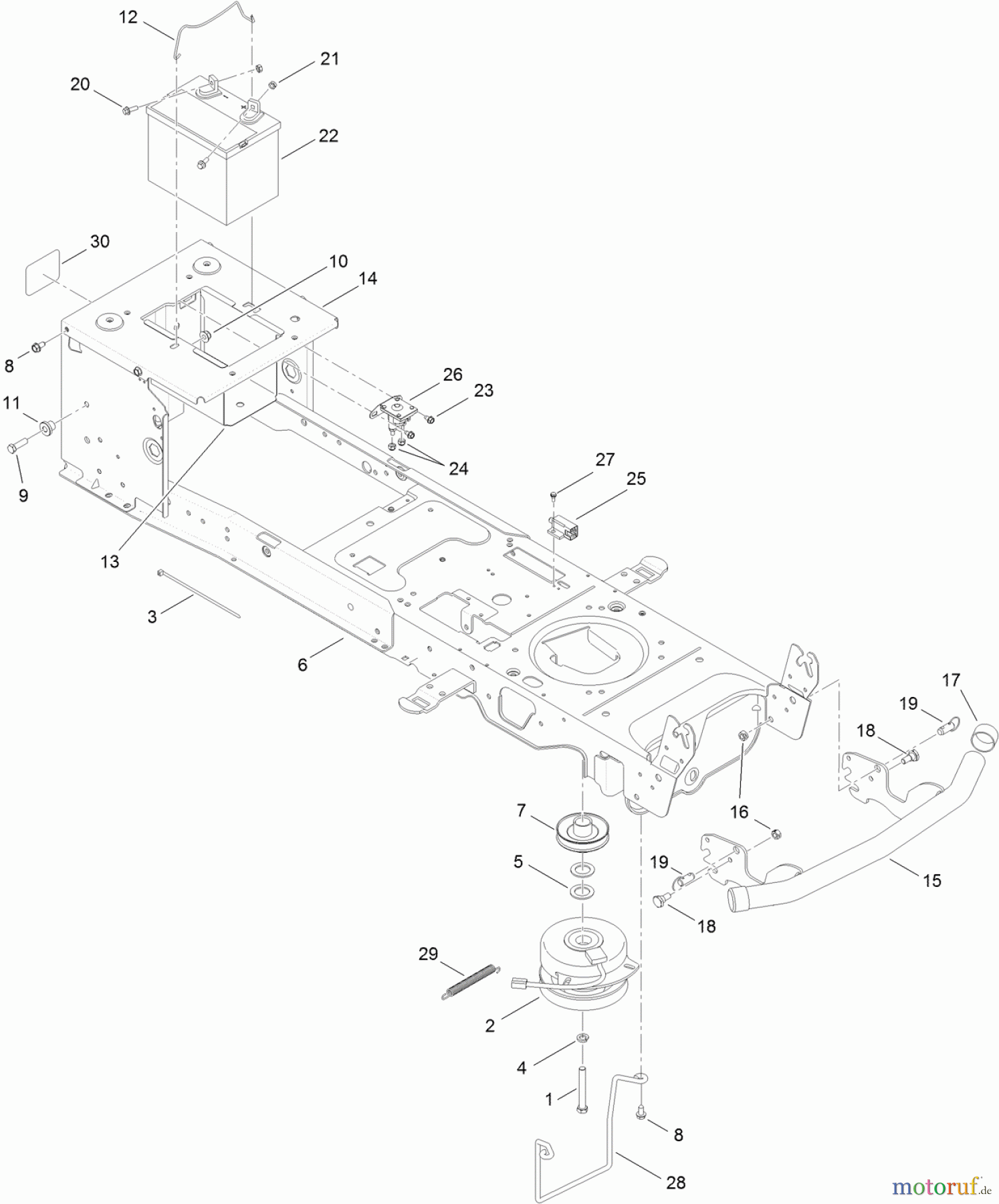 Toro Neu Mowers, Lawn & Garden Tractor Seite 1 14AQ94RP848 (GT2200) - Toro GT2200 Garden Tractor, 2011 (1-1) FRAME, BATTERY AND ELECTRIC PTO ASSEMBLY