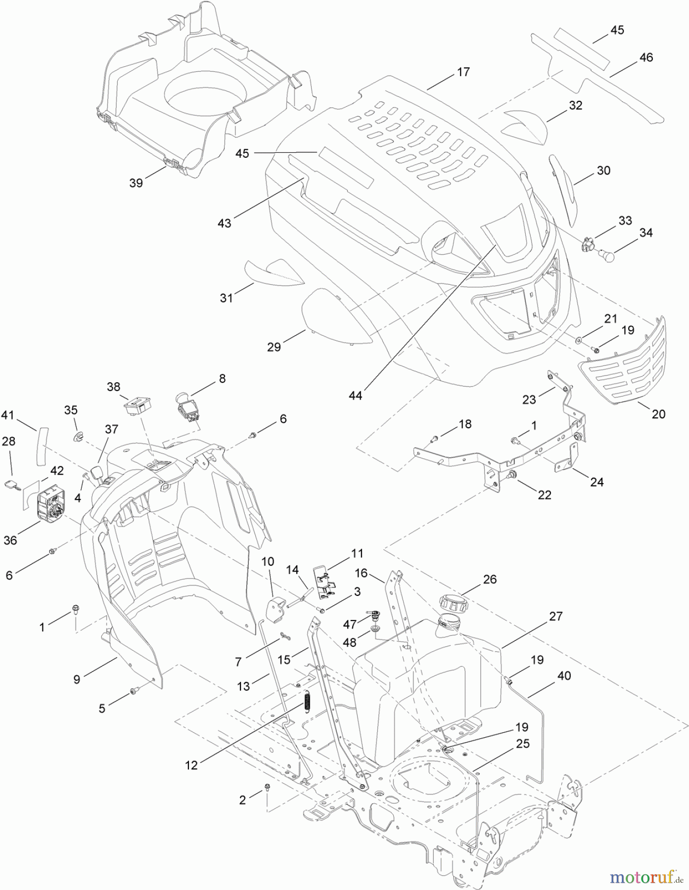 Toro Neu Mowers, Lawn & Garden Tractor Seite 1 14AQ94RP848 (GT2200) - Toro GT2200 Garden Tractor, 2012 (SN 1-1) FUEL TANK, HOOD AND DASH ASSEMBLY