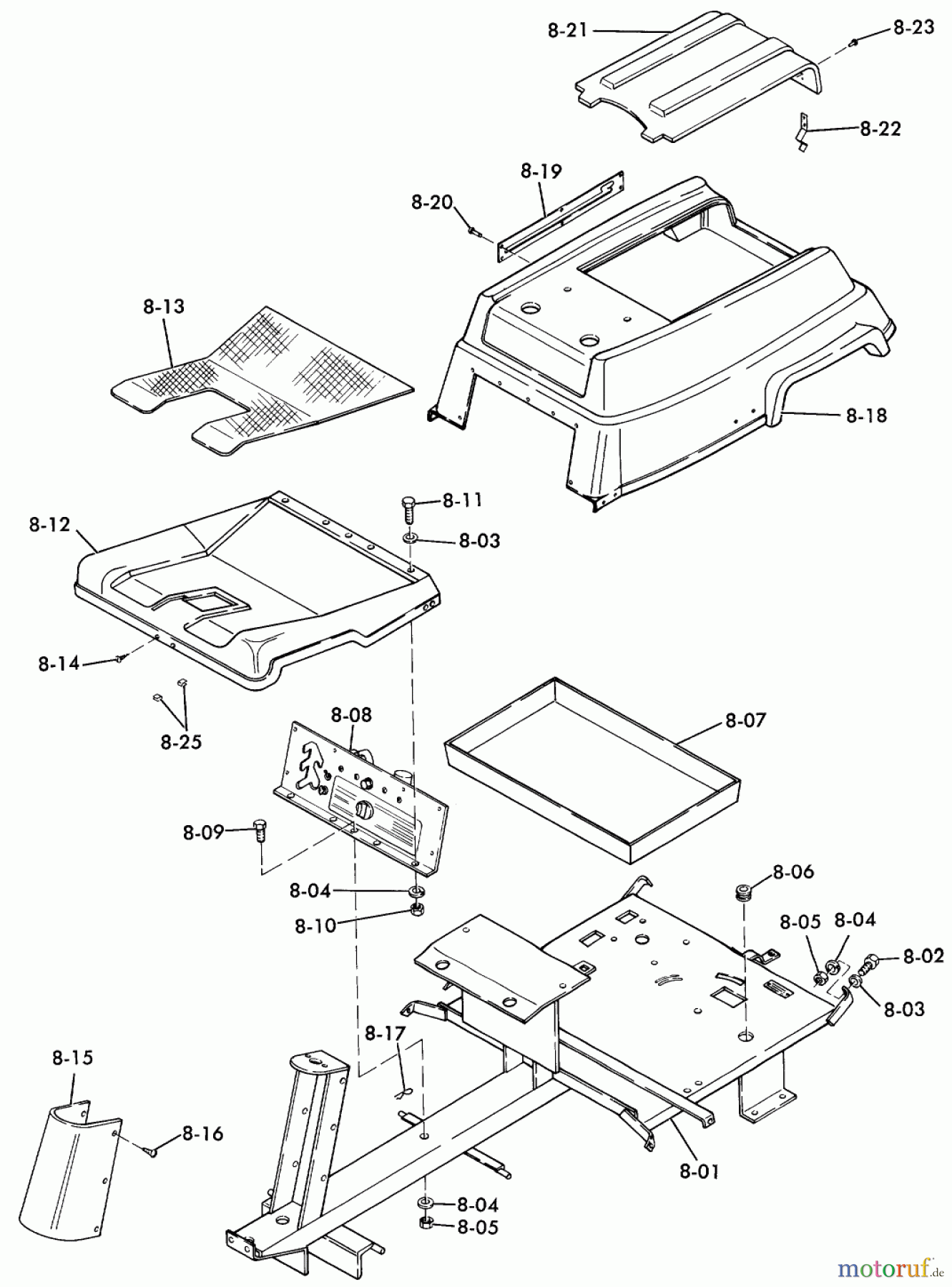  Toro Neu Mowers, Lawn & Garden Tractor Seite 1 3-6000 (A-65) - Toro A-65 Elec-Trak, 1975 A-65 PARTS MANUAL E8.000 FRAME AND BODY COMPONENTS (FIG. 8)