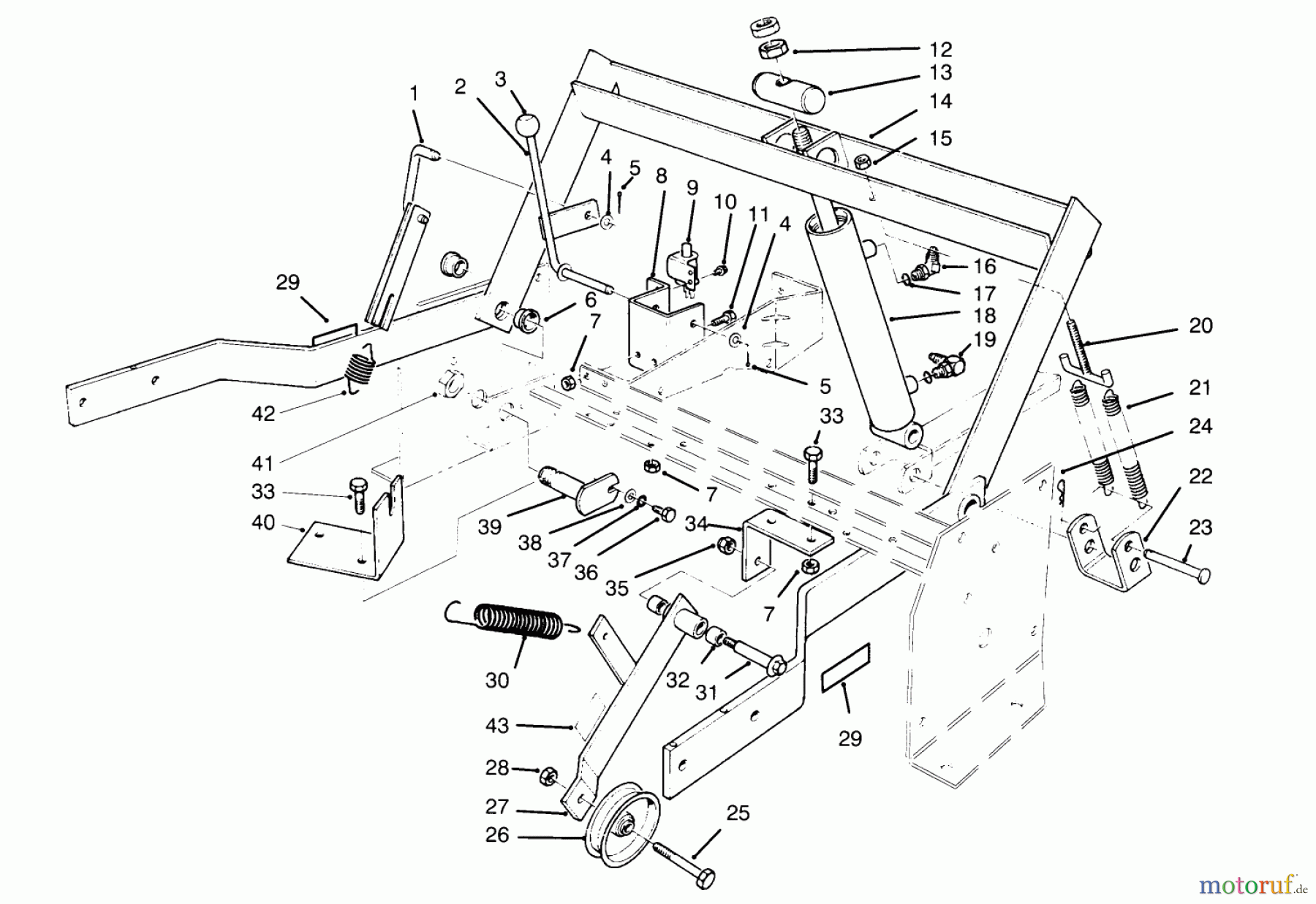 Toro Neu Mowers, Lawn & Garden Tractor Seite 1 30610 (120) - Toro Proline 120, 1995 (590001-591299) PARKING BRAKE & LIFT FRAME ASSEMBLY