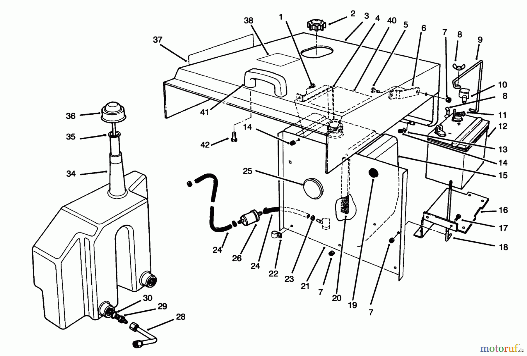  Toro Neu Mowers, Lawn & Garden Tractor Seite 1 30610 (120) - Toro Proline 120, 1995 (591300-599999) HOOD, FUEL TANK & HYDRAULIC RESERVOIR ASSEMBLY