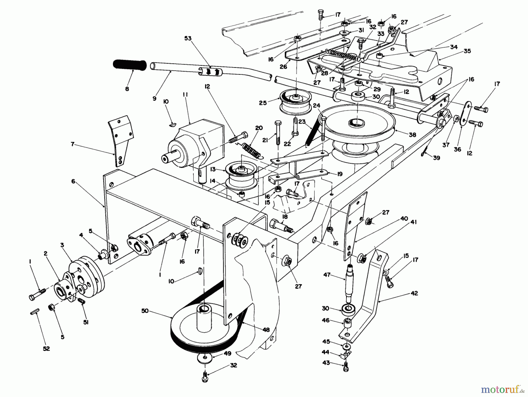  Toro Neu Mowers, Lawn & Garden Tractor Seite 1 57300 (8-32) - Toro 8-32 Front Engine Rider, 1985 (5000001-5999999) FRAME & PULLEY ASSEMBLY 36