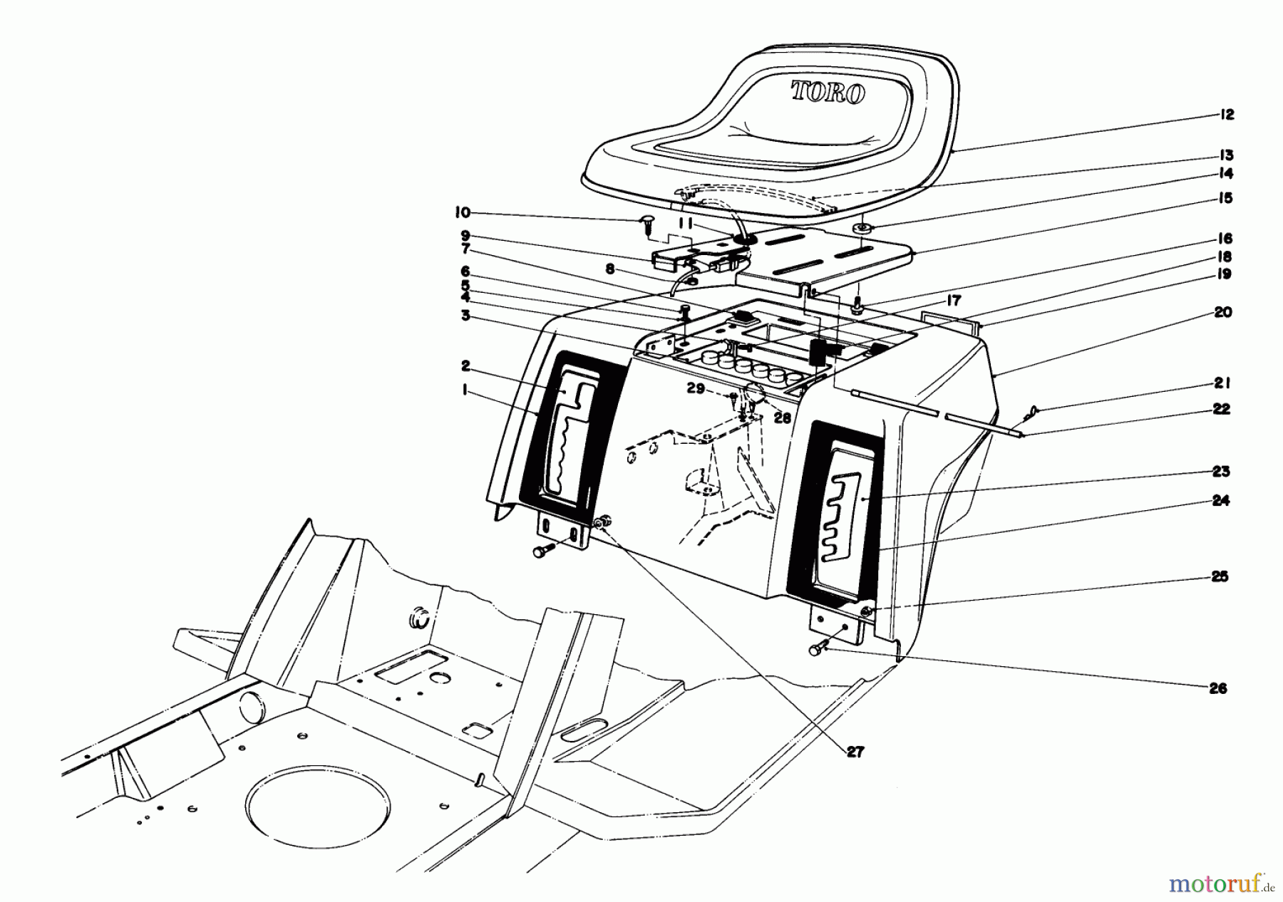 Toro Neu Mowers, Lawn & Garden Tractor Seite 1 57385 - Toro 11 hp Front Engine Rider, 1981 (1000001-1999999) REAR BODY & SEAT ASSEMBLY