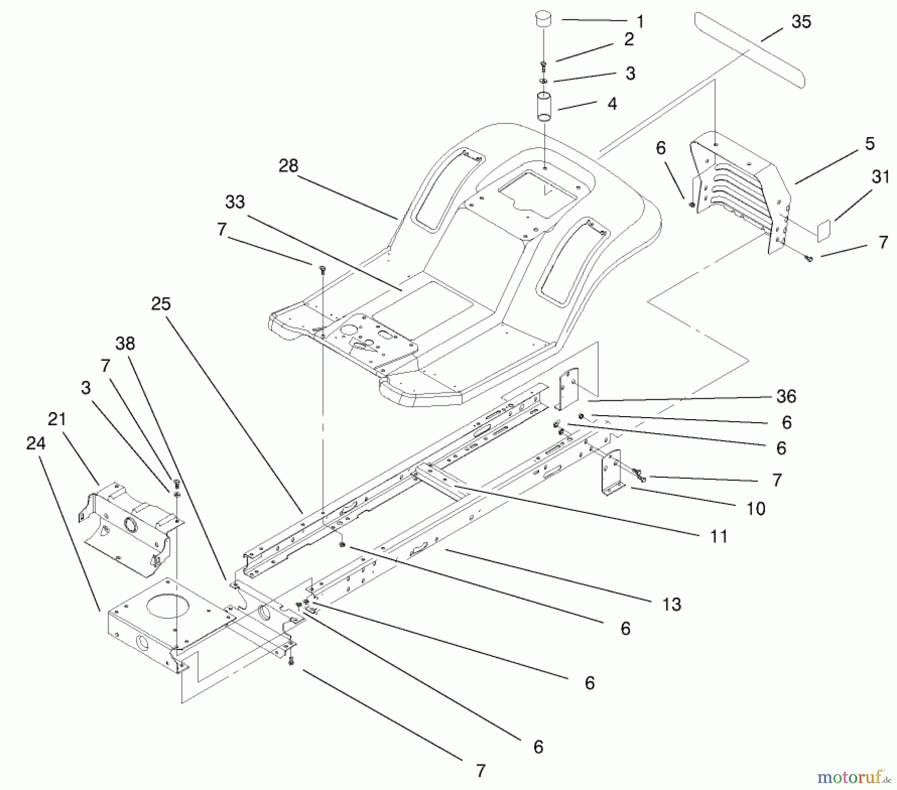  Toro Neu Mowers, Lawn & Garden Tractor Seite 1 71212 (17-44HXL) - Toro 17-44HXL Lawn Tractor, 2000 (200000001-200999999) FRAME & BODY ASSEMBLY