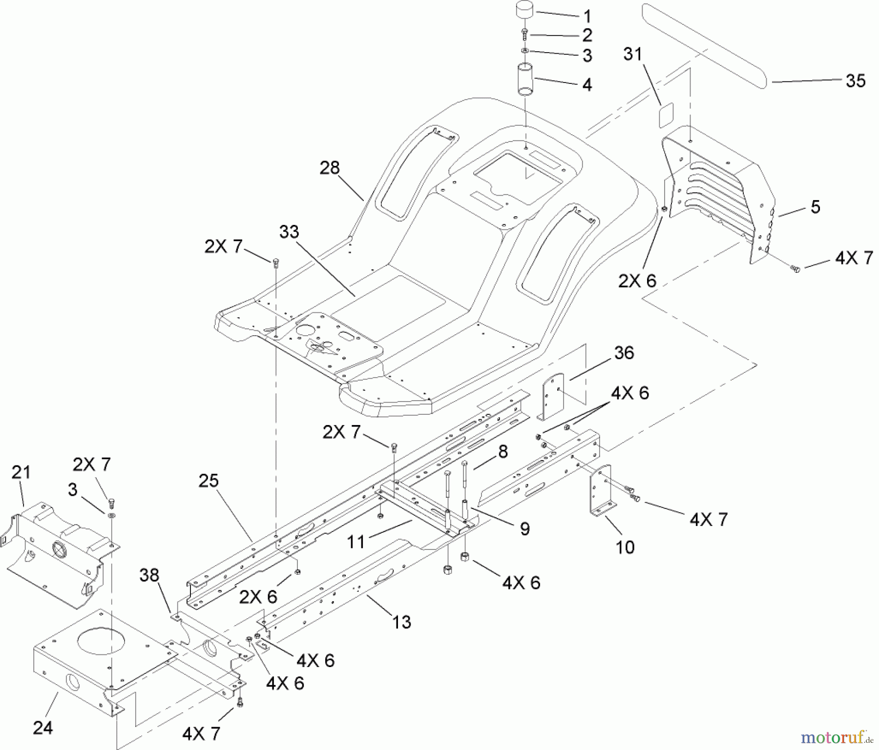 Toro Neu Mowers, Lawn & Garden Tractor Seite 1 71228 (17-44HXL) - Toro 17-44HXL Lawn Tractor, 2003 (230000001-230999999) FRAME AND BODY ASSEMBLY