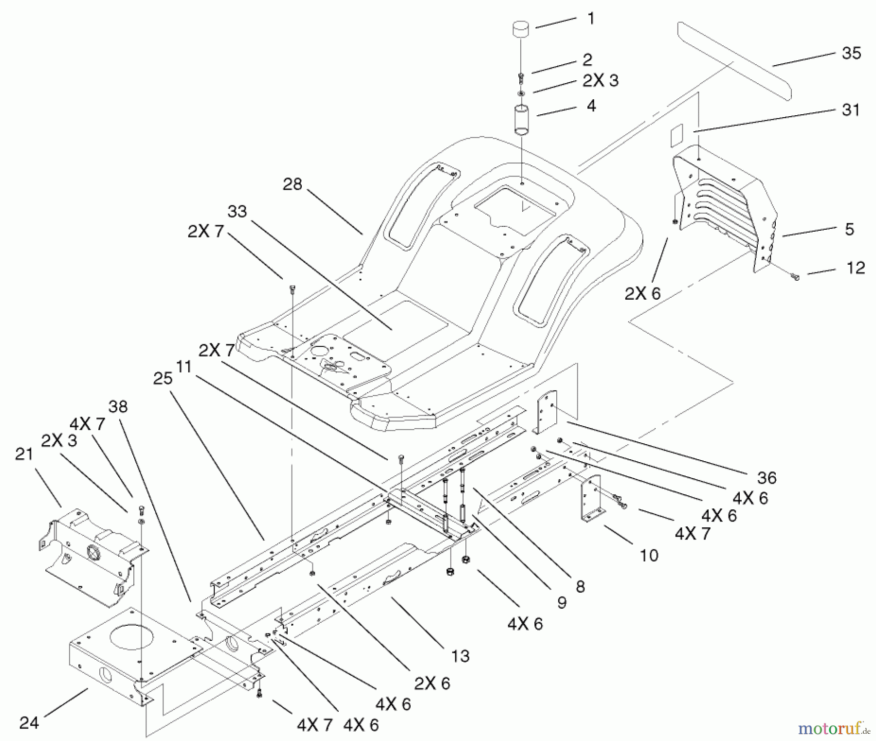  Toro Neu Mowers, Lawn & Garden Tractor Seite 1 71233 (17-44HXL) - Toro 17-44HXL Indy Special Edition Lawn Tractor, 2001 (210000001-210999999) FRAME AND BODY ASSEMBLY