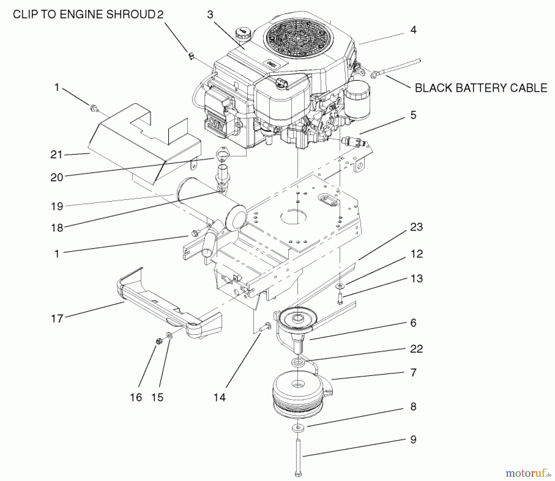 Toro Neu Mowers, Lawn & Garden Tractor Seite 1 72072 (266-HE) - Toro 266-HE Lawn and Garden Tractor, 2002 (220000001-220999999) ENGINE, MUFFLER AND PTO ASSEMBLY