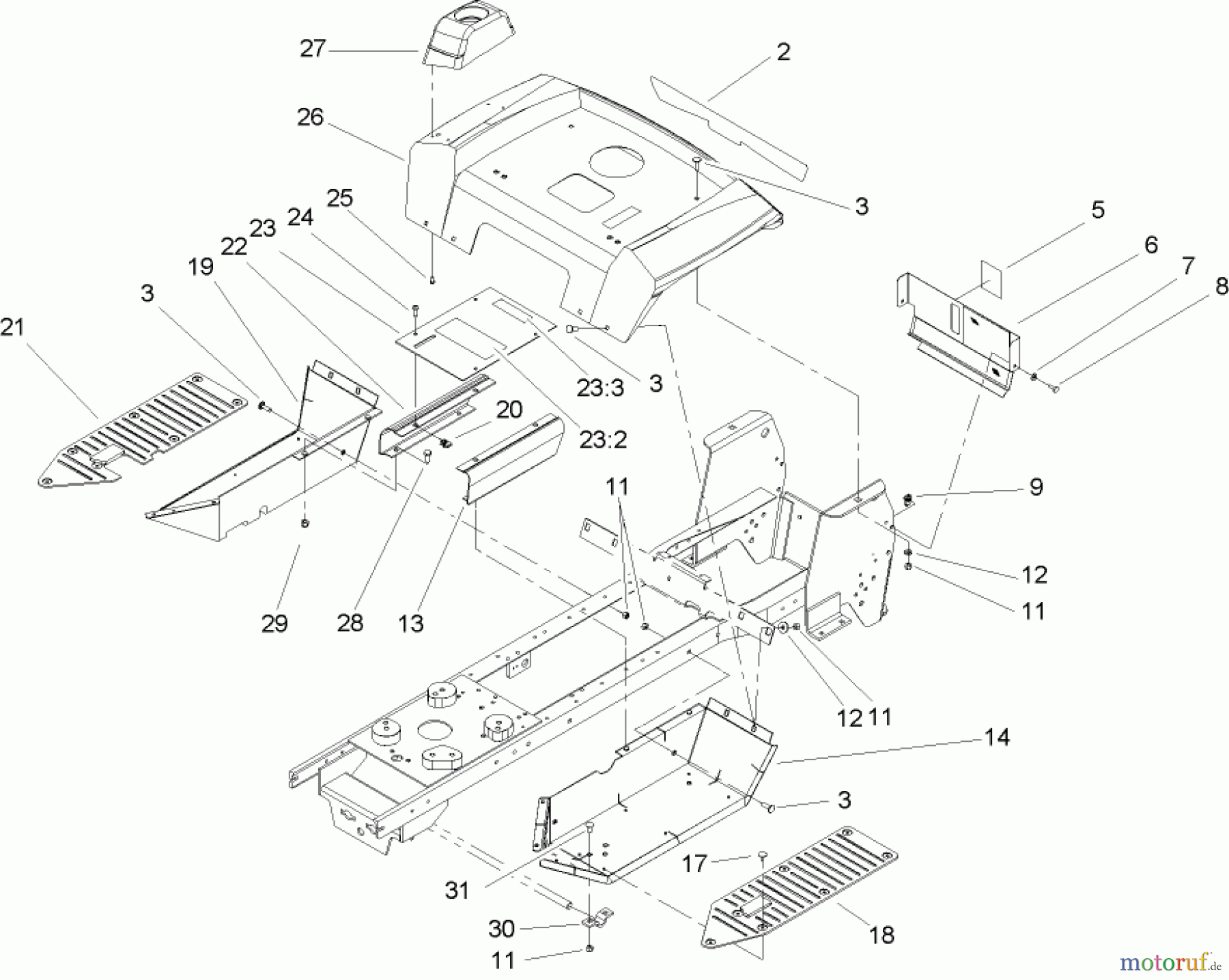 Toro Neu Mowers, Lawn & Garden Tractor Seite 1 72212 (419XT) - Toro 419XT Garden Tractor, 2004 (240000001-240999999) FENDER AND FOOTREST ASSEMBLY
