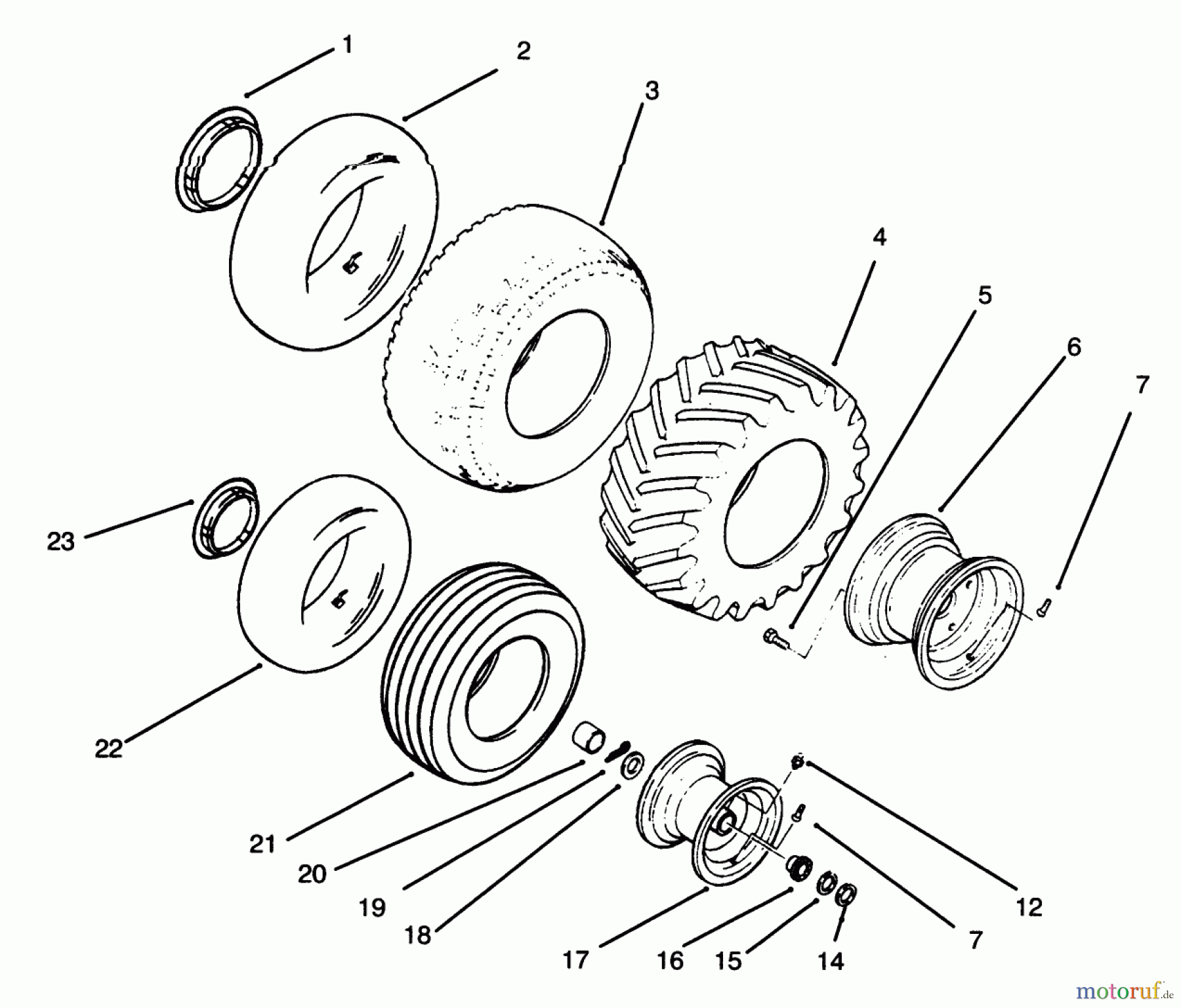 Toro Neu Mowers, Lawn & Garden Tractor Seite 1 73421 (416-H) - Toro 416-H Garden Tractor, 1996 (6900001-6999999) WHEELS AND TIRES