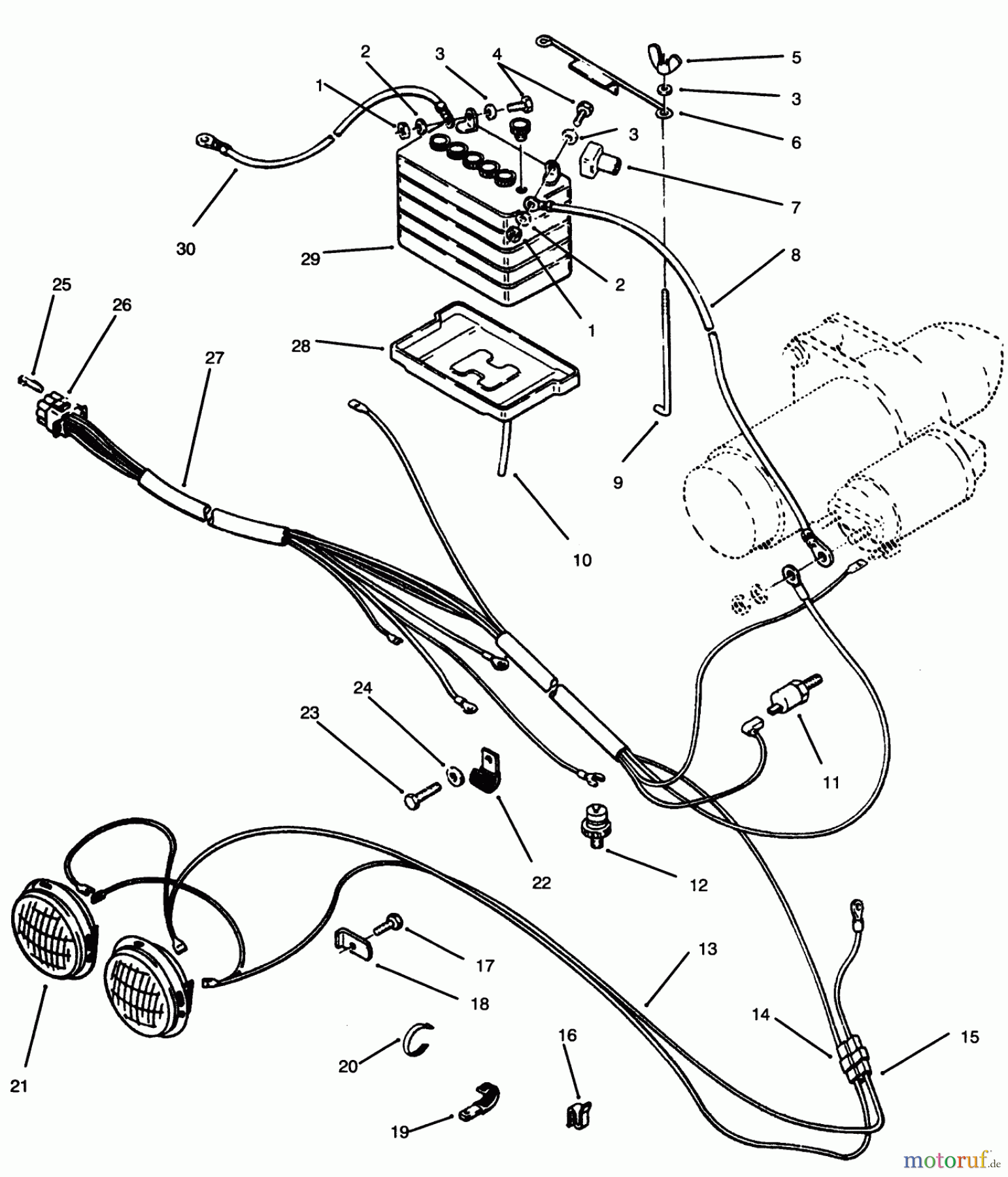  Toro Neu Mowers, Lawn & Garden Tractor Seite 1 73501 (520-H) - Toro 520-H Garden Tractor, 1995 (59002869-59002946) BATTERY & HEADLIGHTS ASSEMBLY