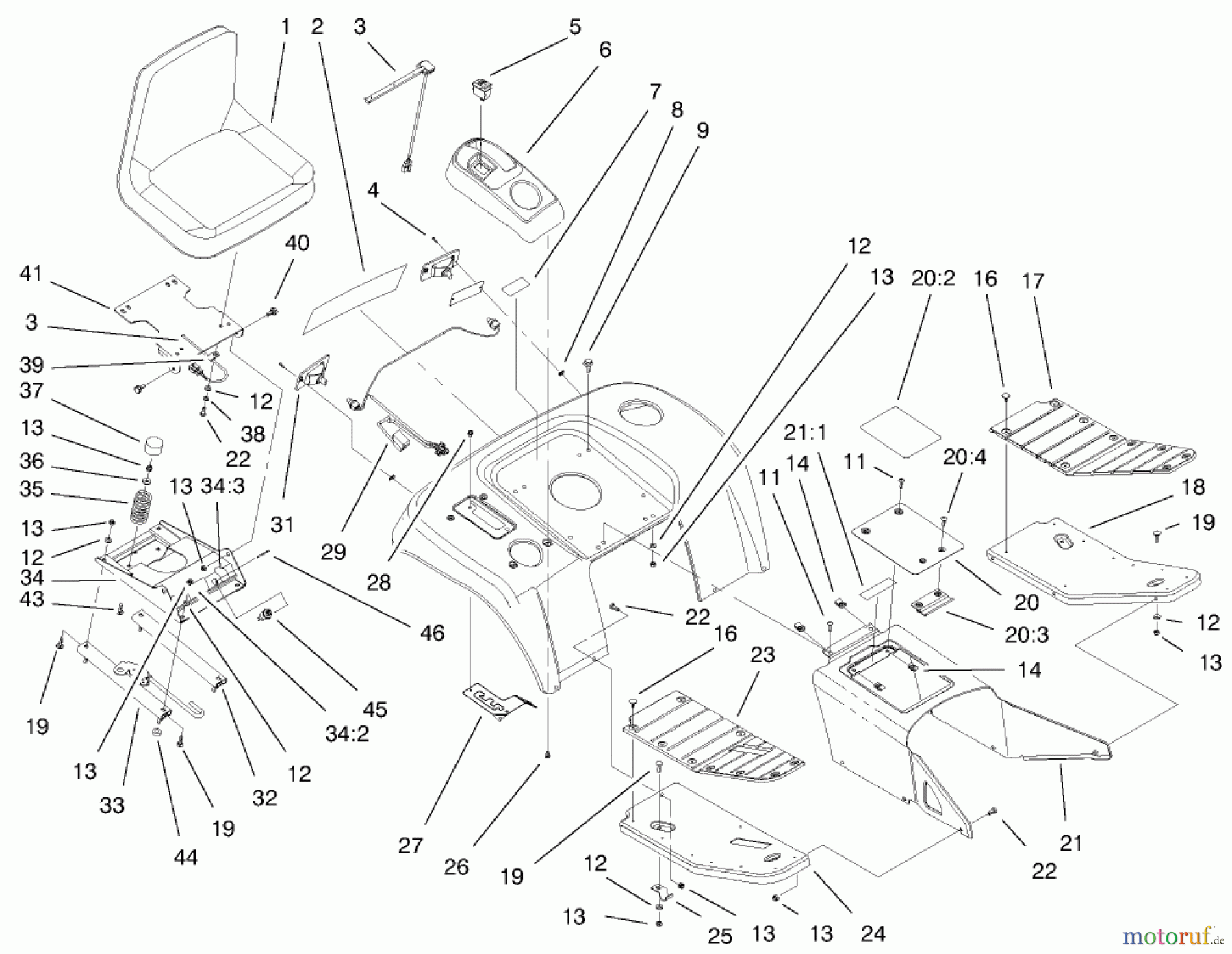 Toro Neu Mowers, Lawn & Garden Tractor Seite 1 73561 (522xi) - Toro 522xi Garden Tractor, 2000 (200000001-200000200) FENDER, FOOTREST, & SEAT ASSEMBLY