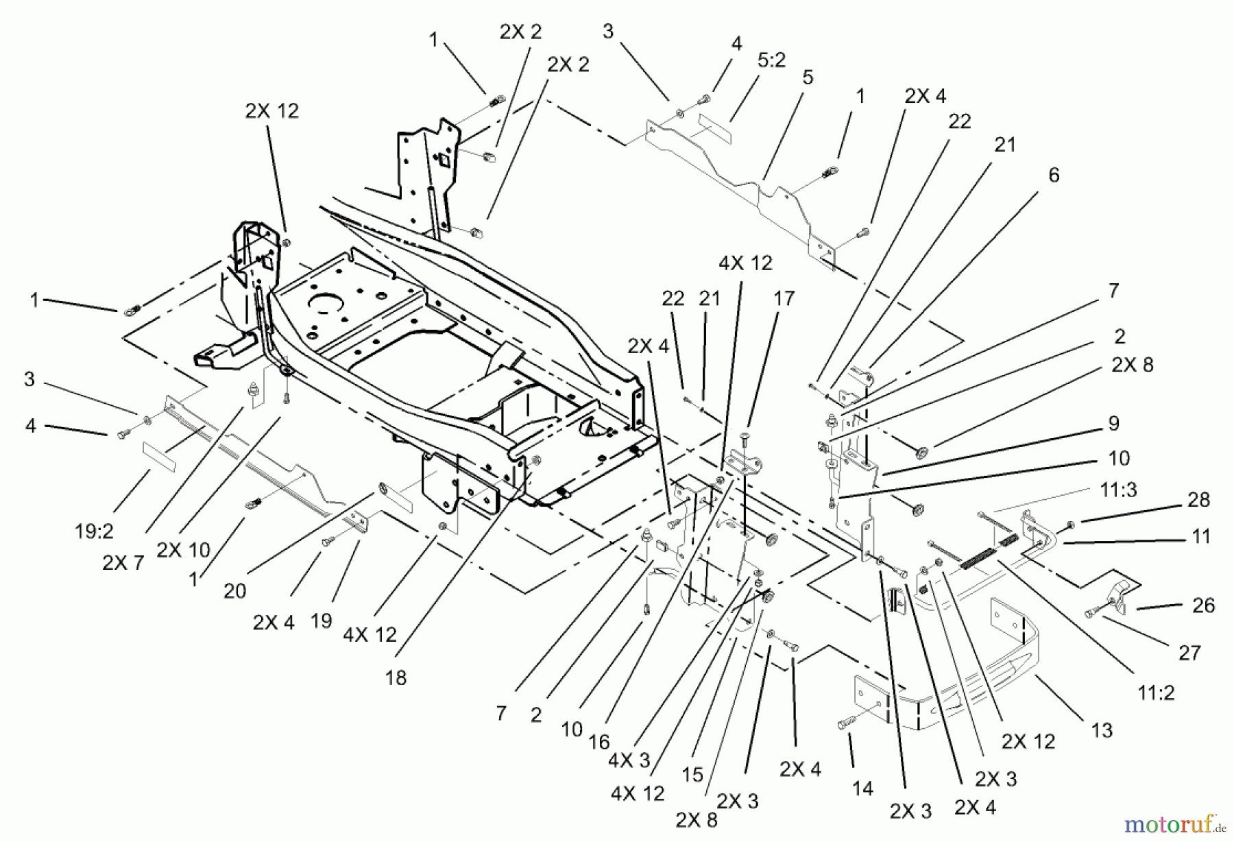 Toro Neu Mowers, Lawn & Garden Tractor Seite 1 73570 (520xi) - Toro 520xi Garden Tractor, 2003 (230000001-230999999) BUMPER AND HOOD SUPPORT ASSEMBLY