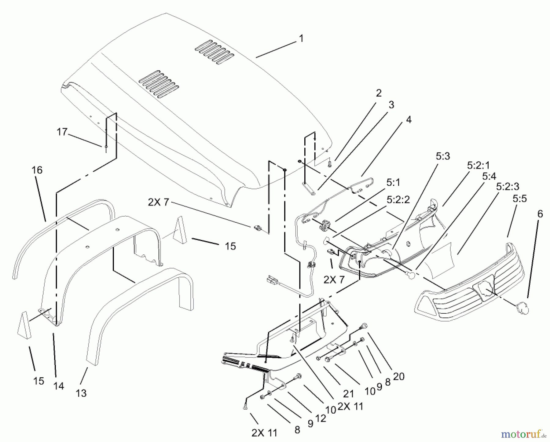  Toro Neu Mowers, Lawn & Garden Tractor Seite 1 73570 (520xi) - Toro 520xi Garden Tractor, 2003 (230000001-230999999) HOOD AND HEADLIGHT ASSEMBLY